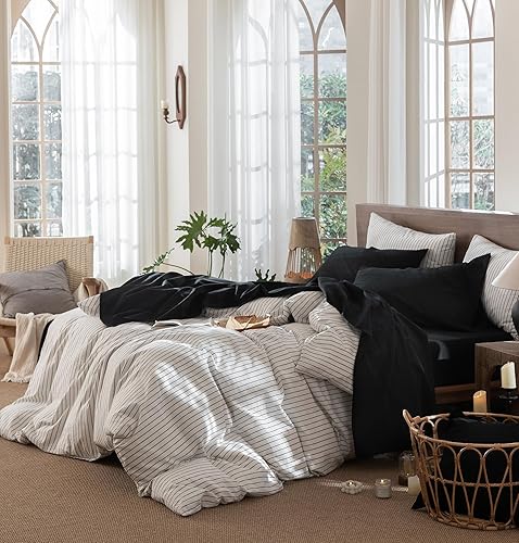 Miniatura 3 de MooMee Juego de sábanas de 100 % algodón lavado con textura similar al lino, transpirable, duradero, suave y cómodo (negro, King)