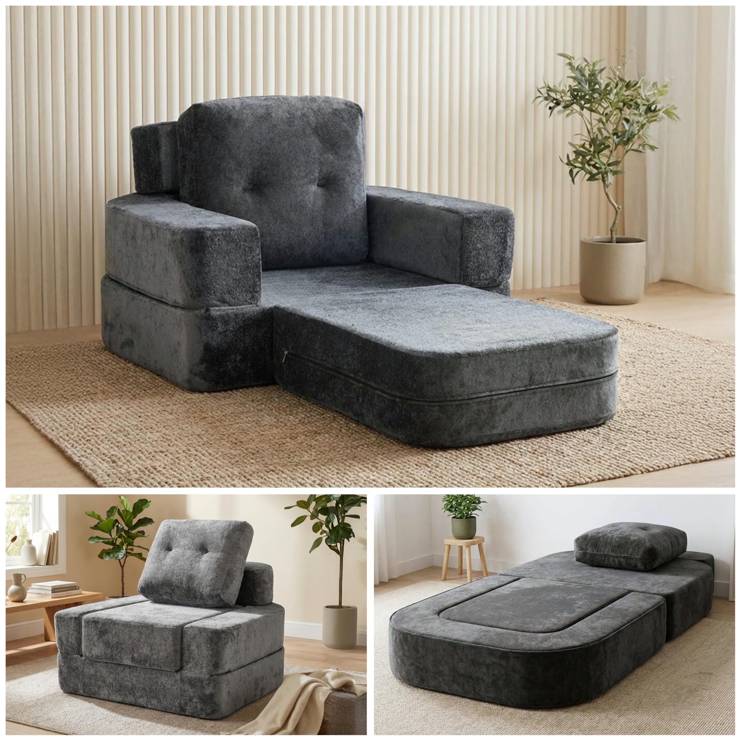 Oak and Birch Folding Sofa Bed Floor Couch, 3-in-1 Convertible Boneless Sofa, Chaise Lounge & Sleeper, Plush Velvet Floor Seating with Integrated