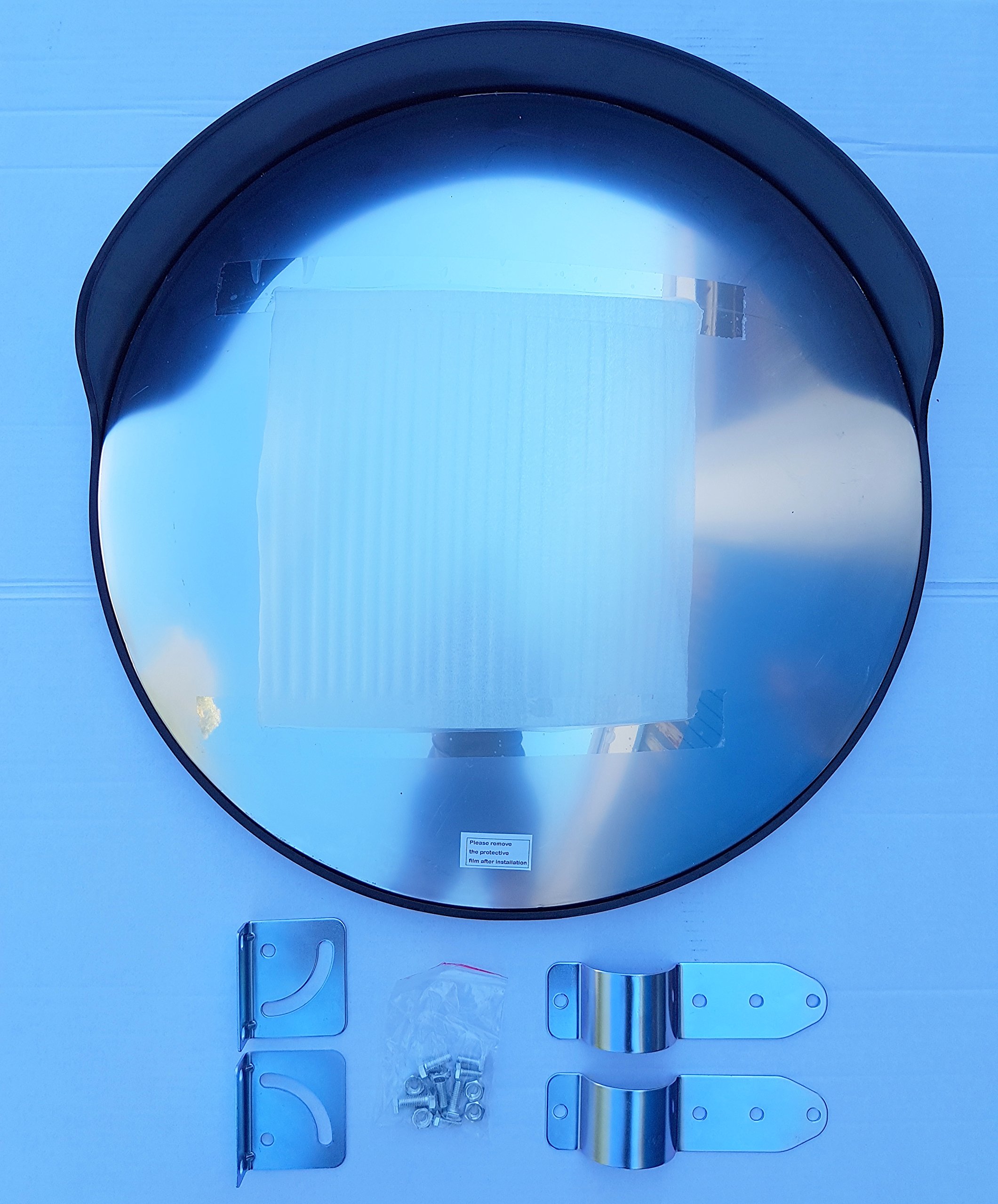 Espejo de seguridad, convexo, de color negro, de 60 cm de diámetro, para garantizar la seguridad en calles y en tiendas, con soporte de fijación ajustable para poste de 60 mm