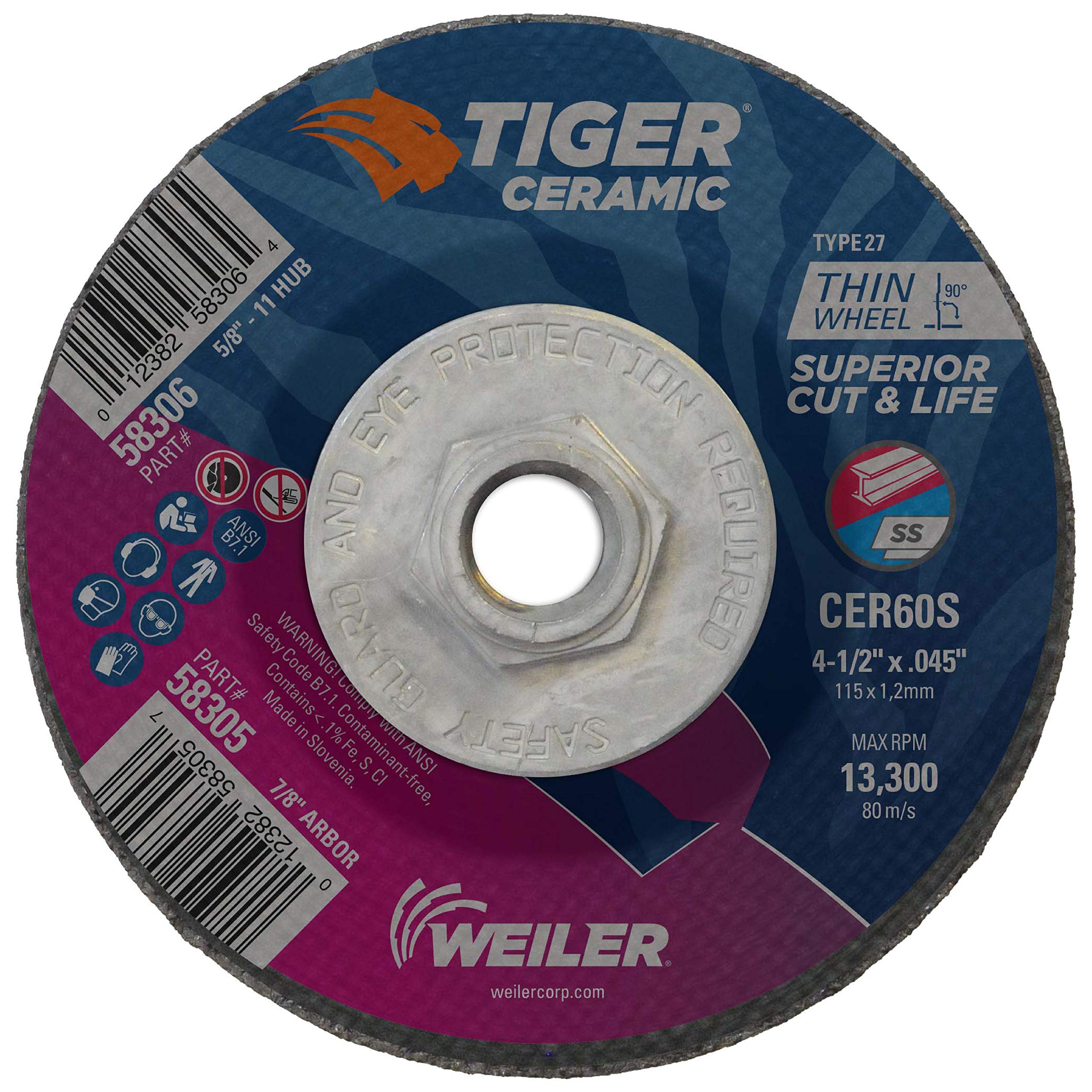 Weiler58306 4-1/2 Inch Cutting Wheel, Tiger Ceramic Stainless Steel Superior Life & Cut Contaminant Free Max Performance Cutting, .045" CER60S Type 27 5/8"-11 Hub, Pack of 10