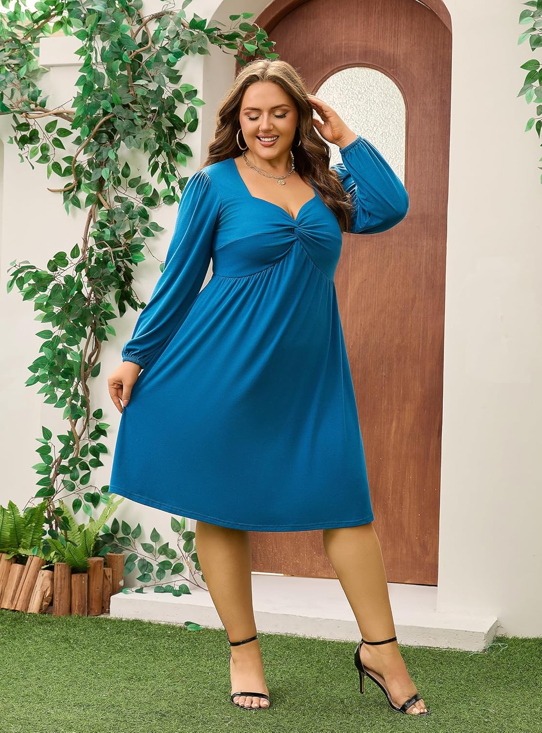 AMCLOS Women's Plus Size Square with Deep V Neck Sexy Flowy Dress Twist Knot Front 2 Pockets Long Sleeve Casual Party Work - Image 5