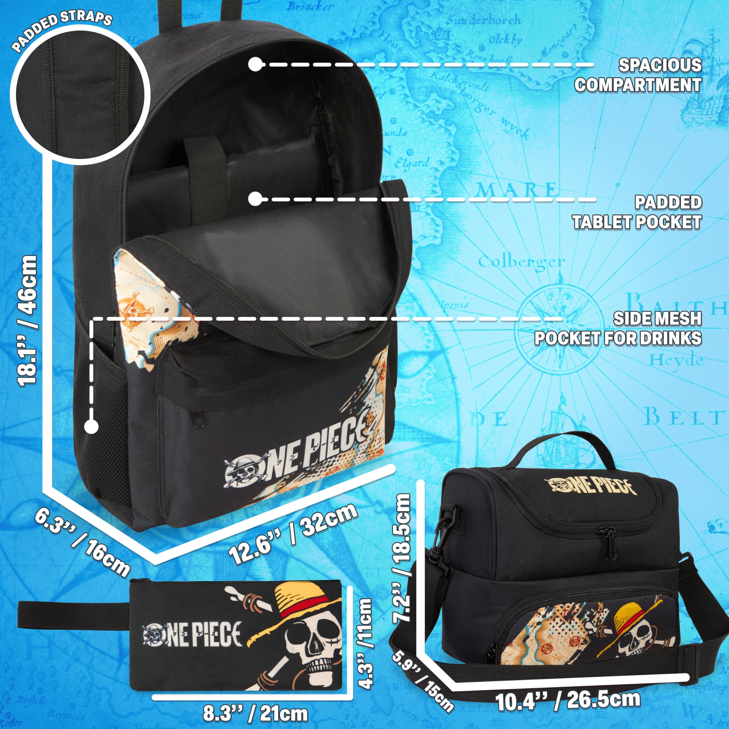 Get Trend One Piece Zaino Ragazzo Set, 3 Pcs con Zaino Scuola, Borsa Termica Porta Pranzo e Astuccio Scuola, Regalo Bambini (Nero/Multi One Piece)