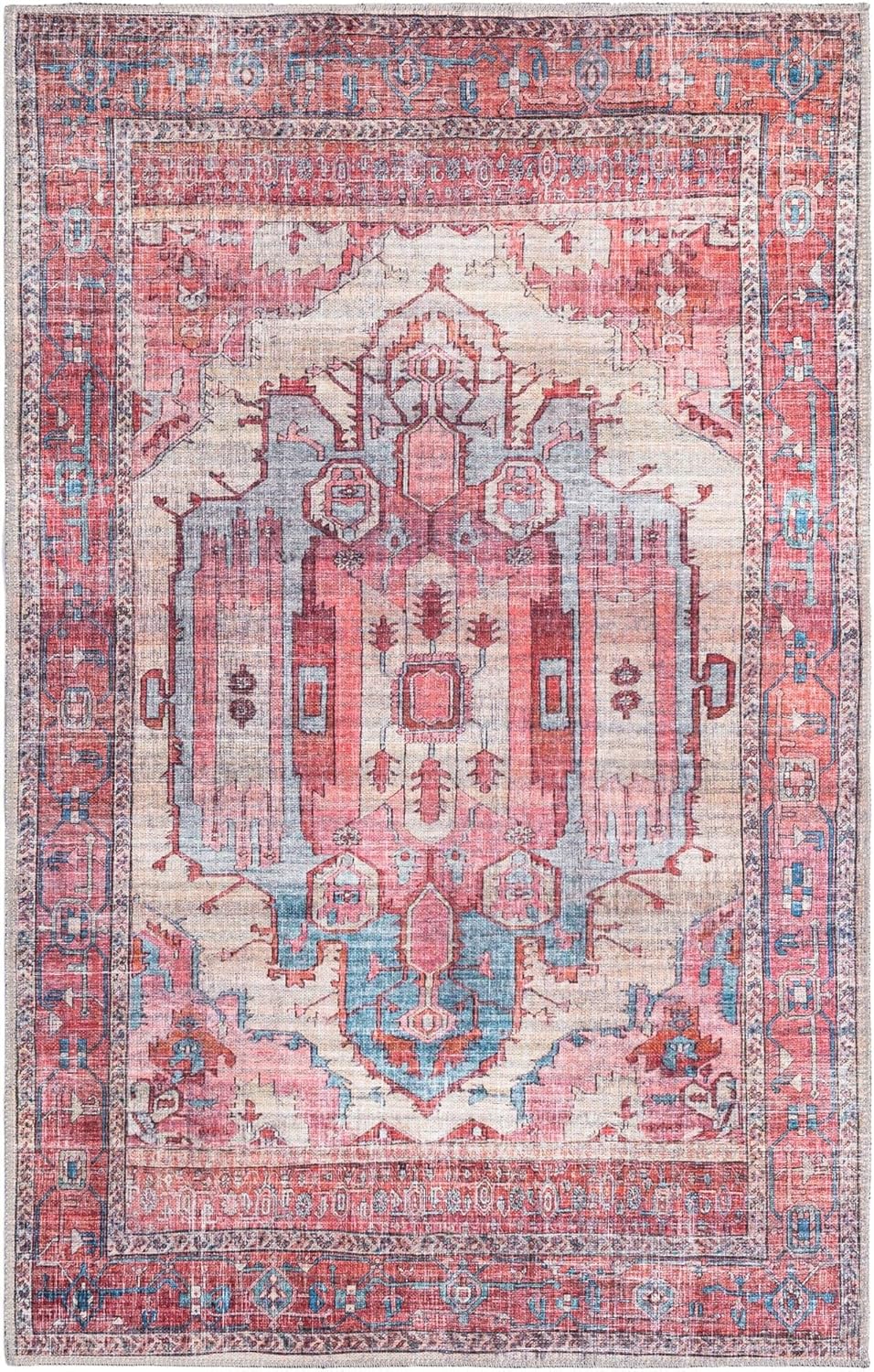 Rugs.com Maahru Collection Washable Rug – 4' x 6' Beige Low-Pile Rug Perfect for Entryways, Kitchens, Breakfast Nooks, Accent Pieces