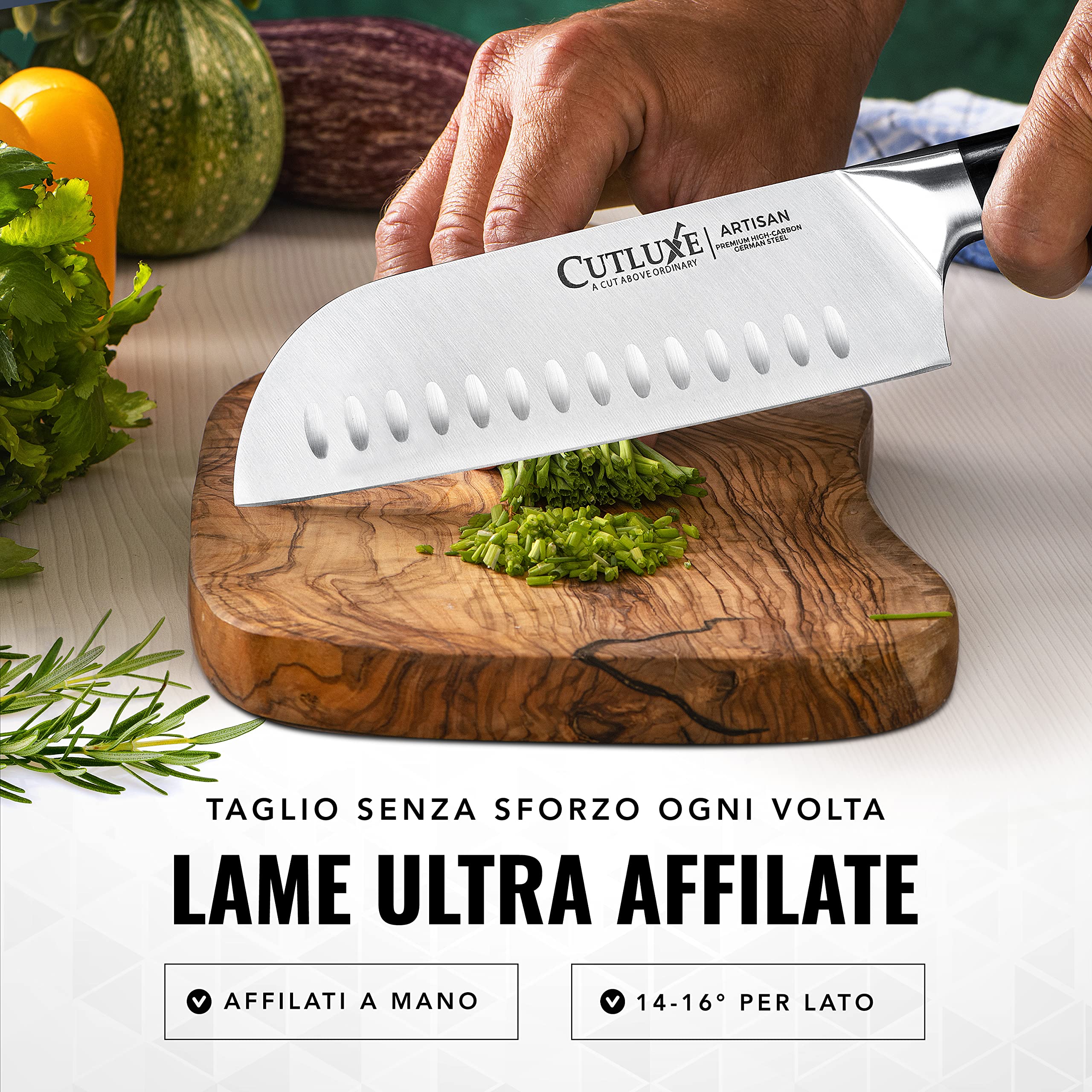Cutluxe Coltello Santoku - 18cm Coltello Giapponese Professionale Con Guaina - Acciaio al Carbonio, Lama Affilata e Resistente - Artisan Series