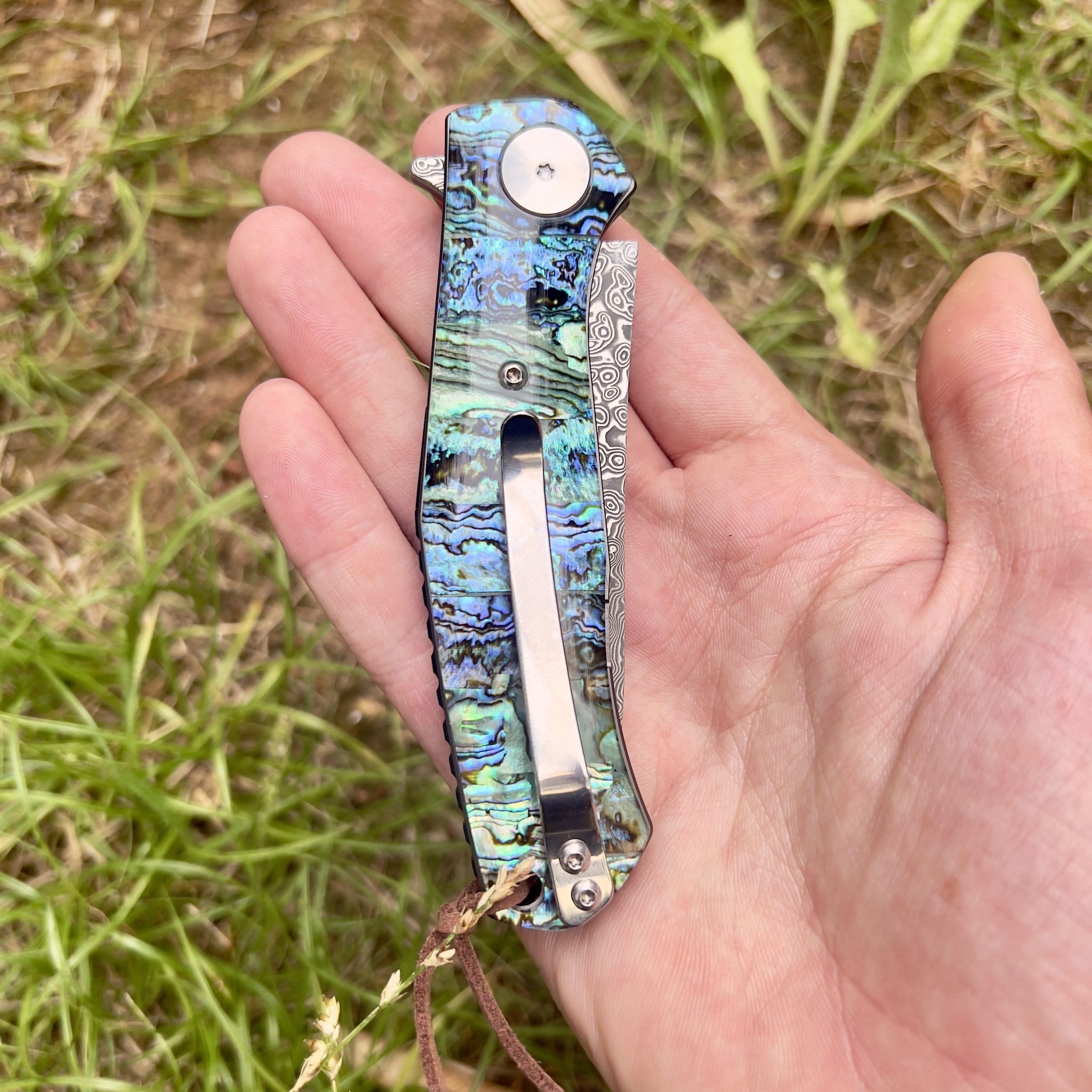 Coltello Pieghevole Tascabile di Lusso in Acciaio Damasco 67 Strati VG10 Lama Affilata Manico in Madreperla Abalone da Collezione Regalo per Uomo EDC Pesca Caccia Artigianato Custom