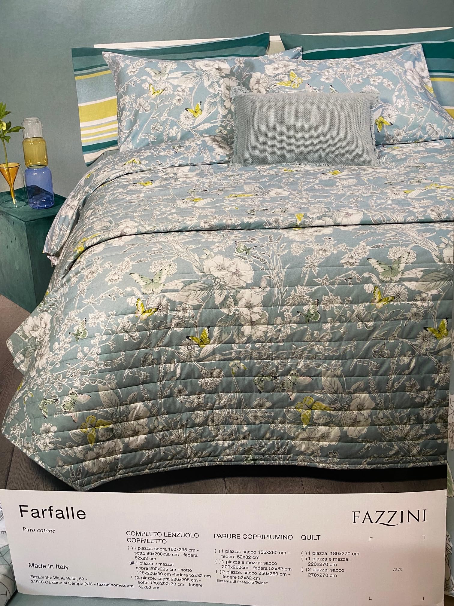 Fazzini Komplet pościeli z podwójnymi falbankami z podwójnym ściegiem z podwójną falbanką, z efektem narzuty, motyle (zielony)