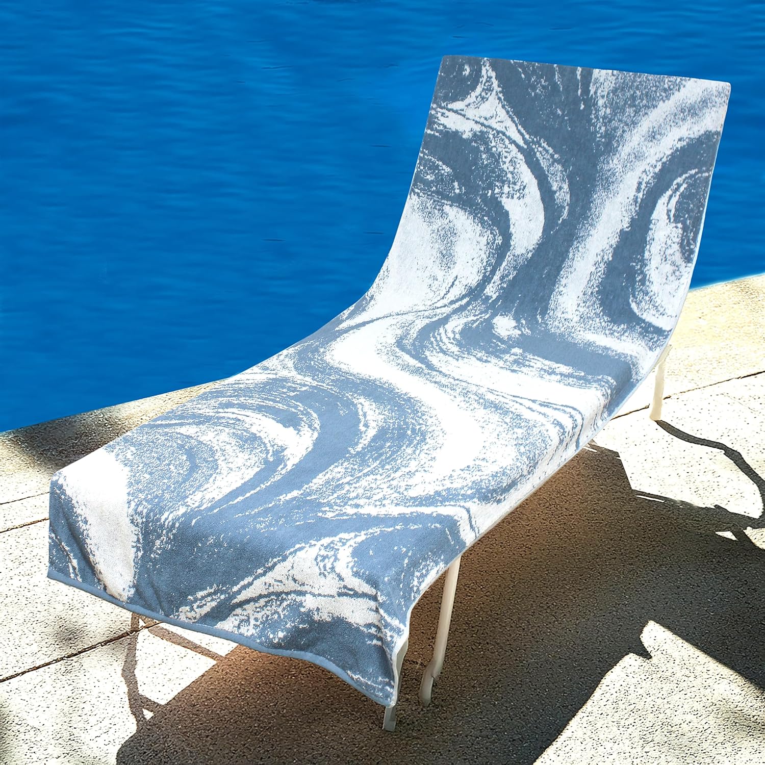 COTTON CRAFT Pool Lounge Chair Cover - 2 Pack Waves Terry Jacquard Towel Chaise Lounge Chair Cover - 100% Ringspun Cotton Soft Beach Chair Cover - Oversized 32 in W x 82 in Length x 7 in Pocket – Blue