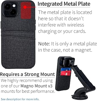 Dockem iPhone 14 Card Case with Built-in Metal Plate for Magnetic Mounting & 2 Card Holder Pockets: Luxe M2 Wallet, Canvas Style Synthetic Leather (iPhone 14, Black)