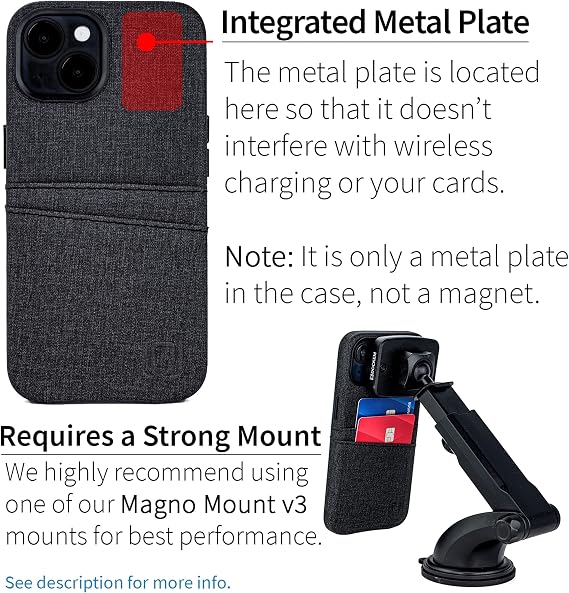 Dockem iPhone 14 Card Case with Built-in Metal Plate for Magnetic Mounting & 2 Card Holder Pockets: Luxe M2 Wallet, Canvas Style Synthetic Leather (iPhone 14, Black)