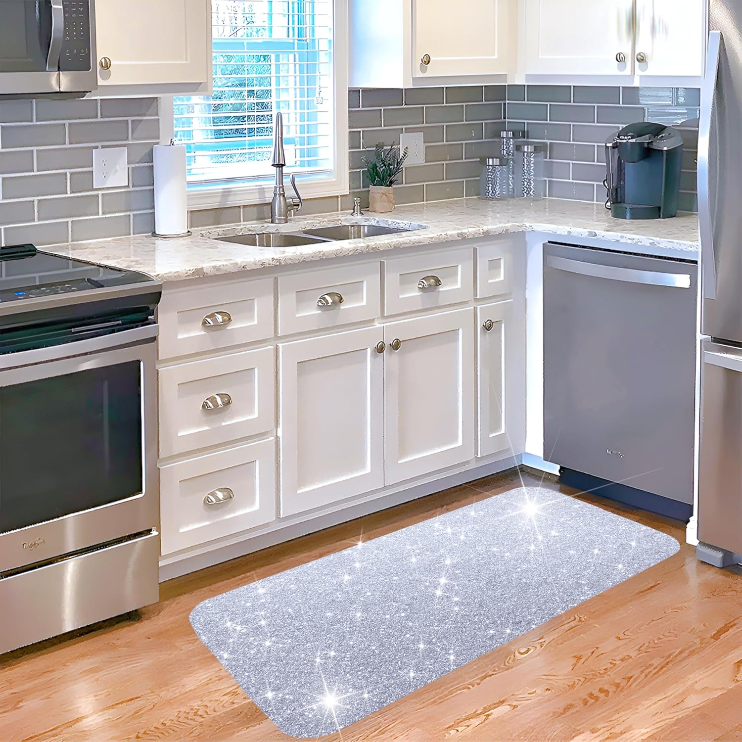 Silver Door Mat Bling Glitter Sparkly Front Back Door Mat Rug for Outside Entry and Indoor Home Decor Rubber Doormats (Real Glitter not Print)-15.7x31.5 inchs