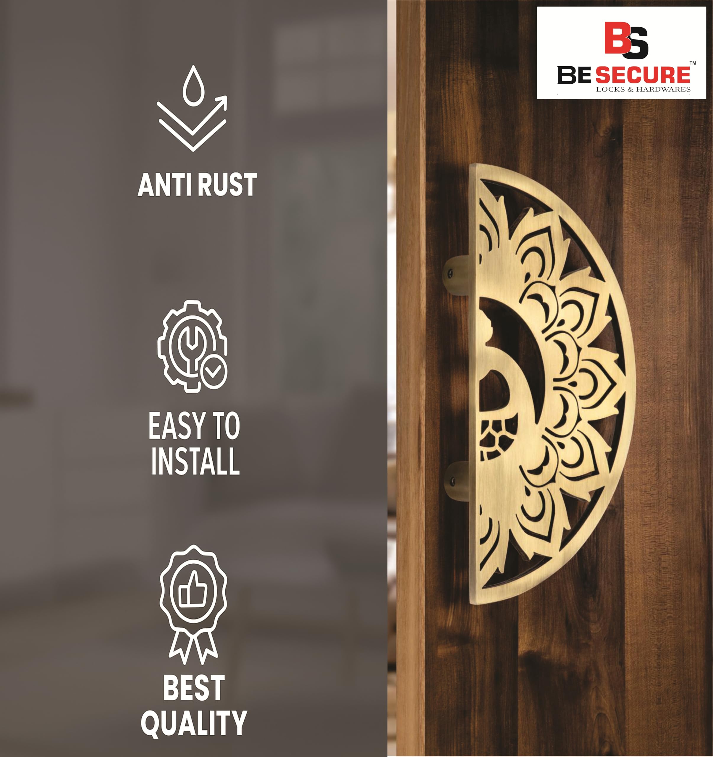 BE SECURE Stainless Steel 304 Main Door Handle | Door Handles for Main Door | Pull Handles for All The Doors of House | Office | Hotels | BSDH- Peacock (Pack of 1 Pair, Brass Antique Finish) 3