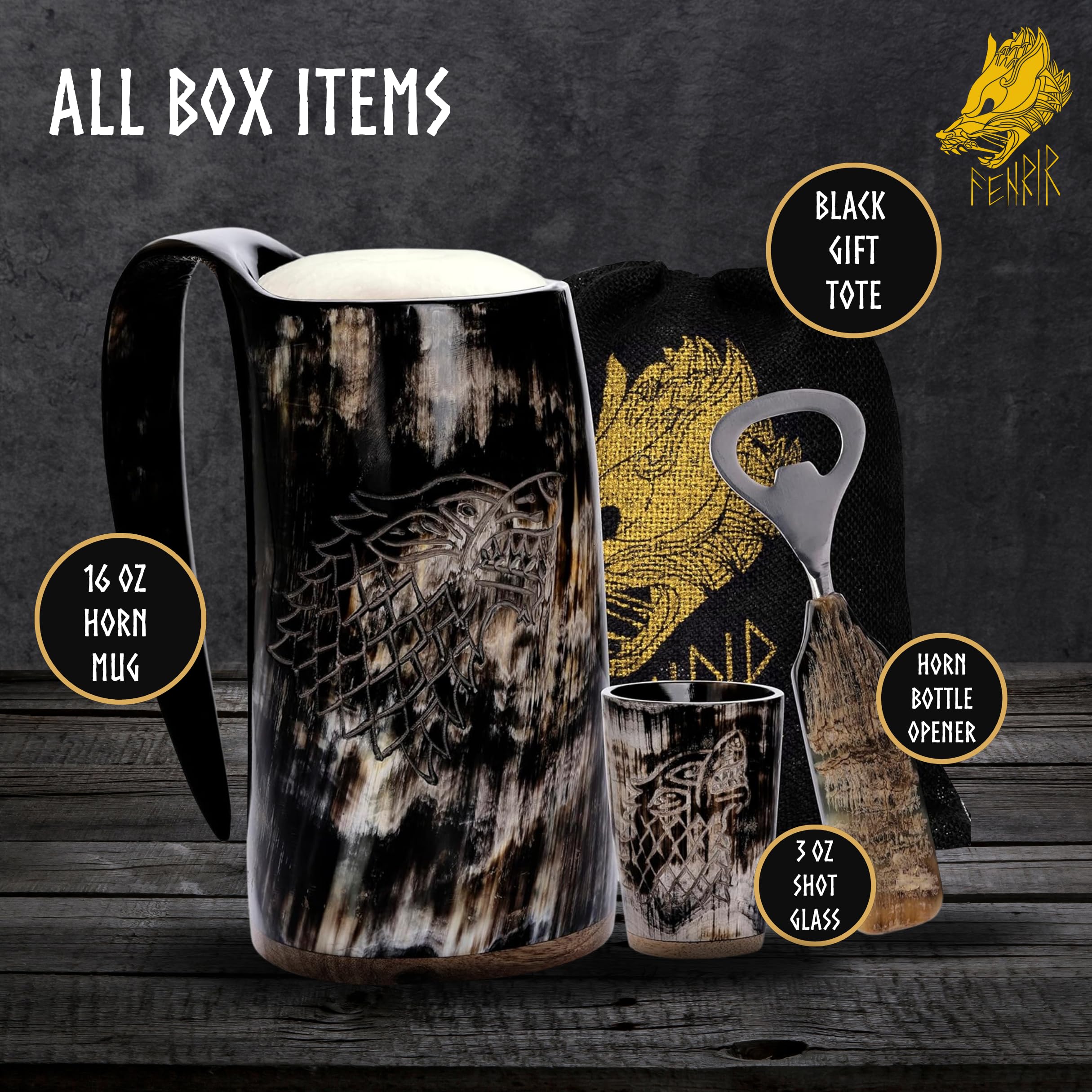 Fenrir Premium Viking Wolf Natürliches Trinkhorn Becher mit kurzem Glas und Flaschenöffner für Ale Beer Kaltgetränke (473 ml) – 3-teiliges Set