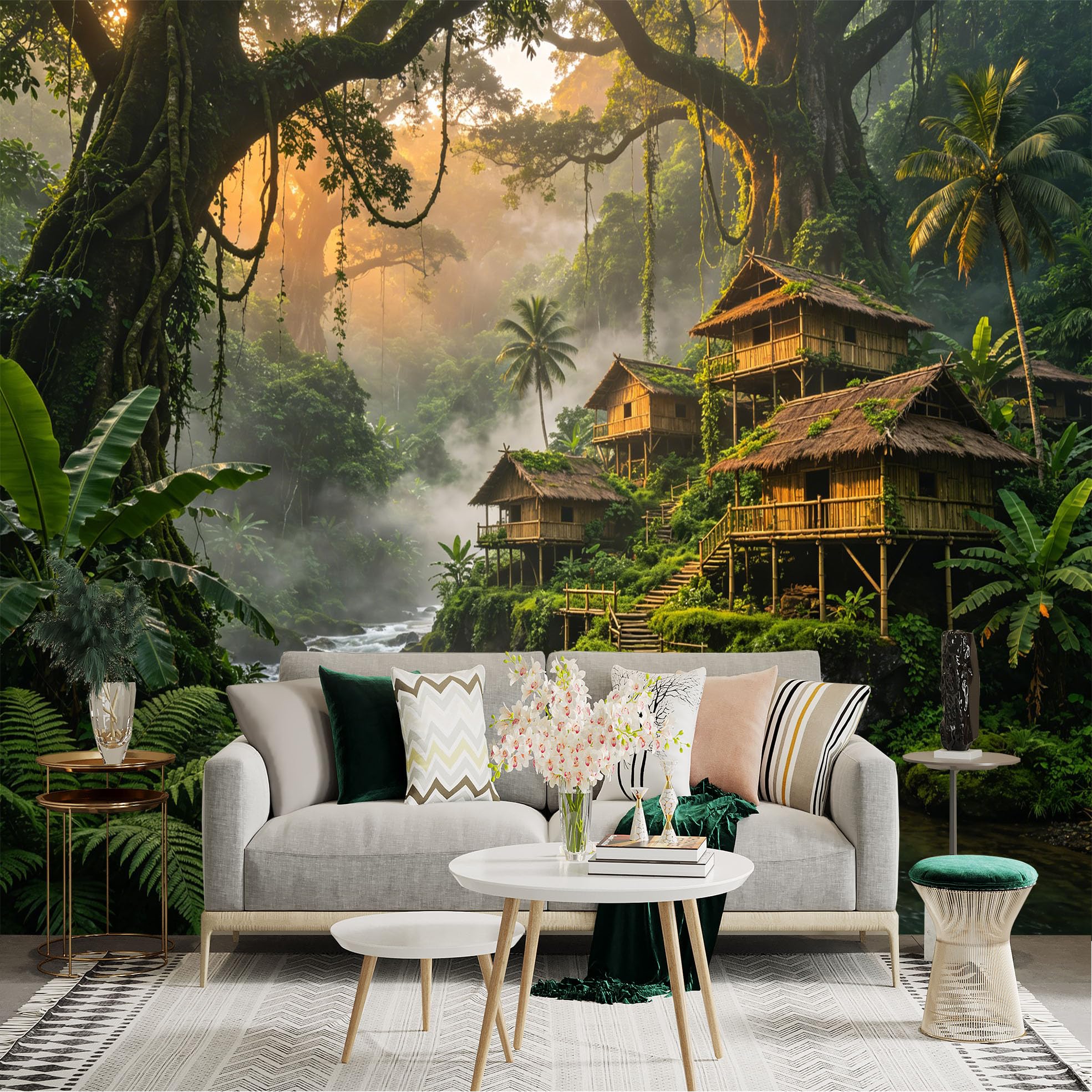 Custom Size Wall Sticker Mural， Tropical Jungle Huts by River with Mist and Sunrise， for wall Decoration， peelandstick wall Decals.