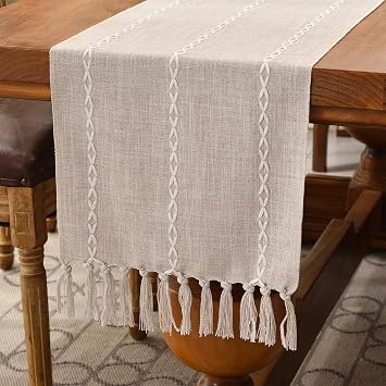 Wracra Rustic Linen Table Runner, Light Coffee Table Runners 108 inches Long