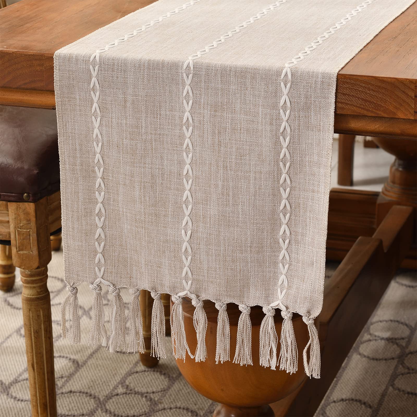 Wracra Cotton Linen Table Runner Farmhouse Style Coffee Table Runner 180cm with Hand-tassels for Party, Dining Room Decorations Dessert Table Decor(Light Coffee, 180cm)