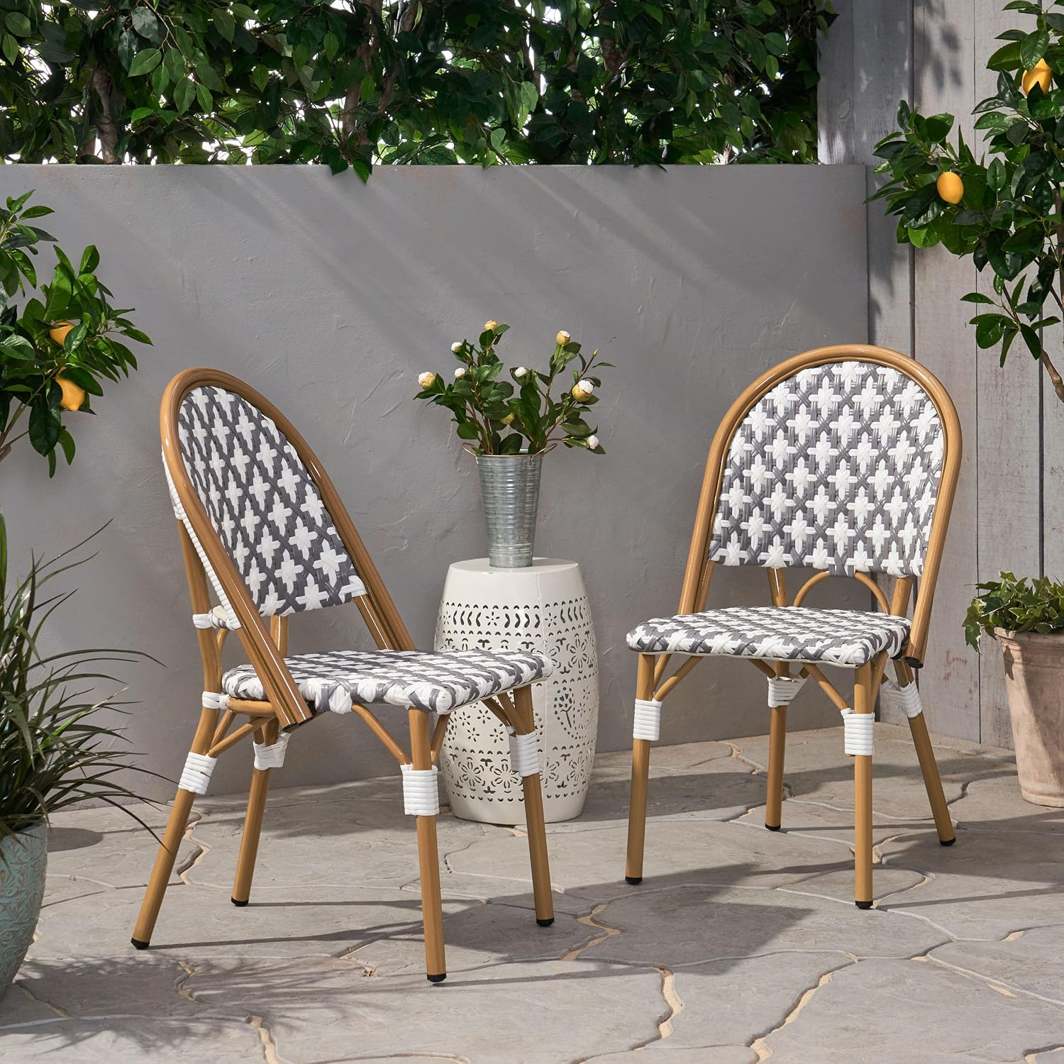 French Bistro Chairs Set of 2, Outdoor All-Weather Rattan Wicker Chair for Patio, Garden, Backyard, Aluminum Frame & Bamboo Print Finish, Brown+White