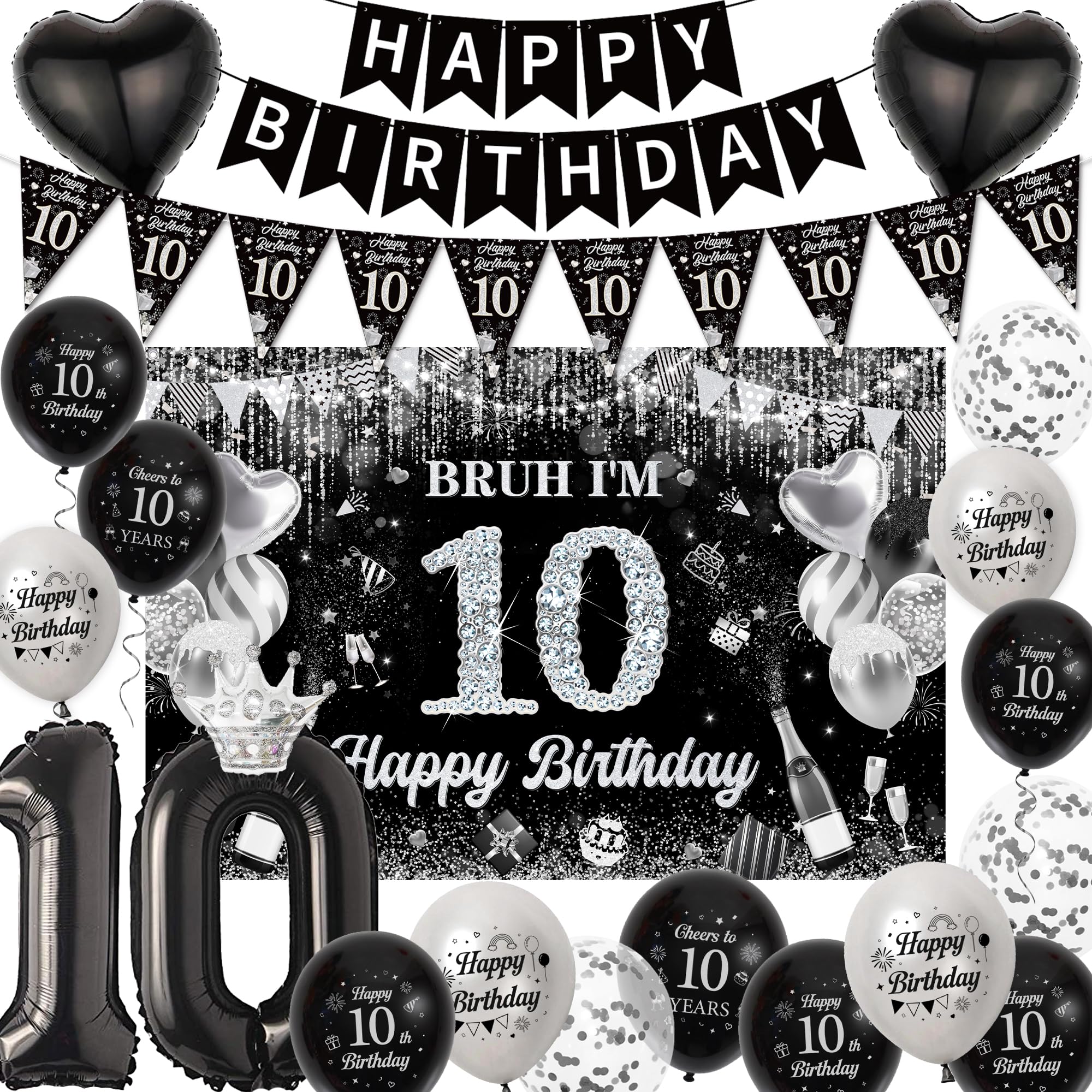 30th Birthday Party Decorations Banner Black Silver Backdrop Balloons Set