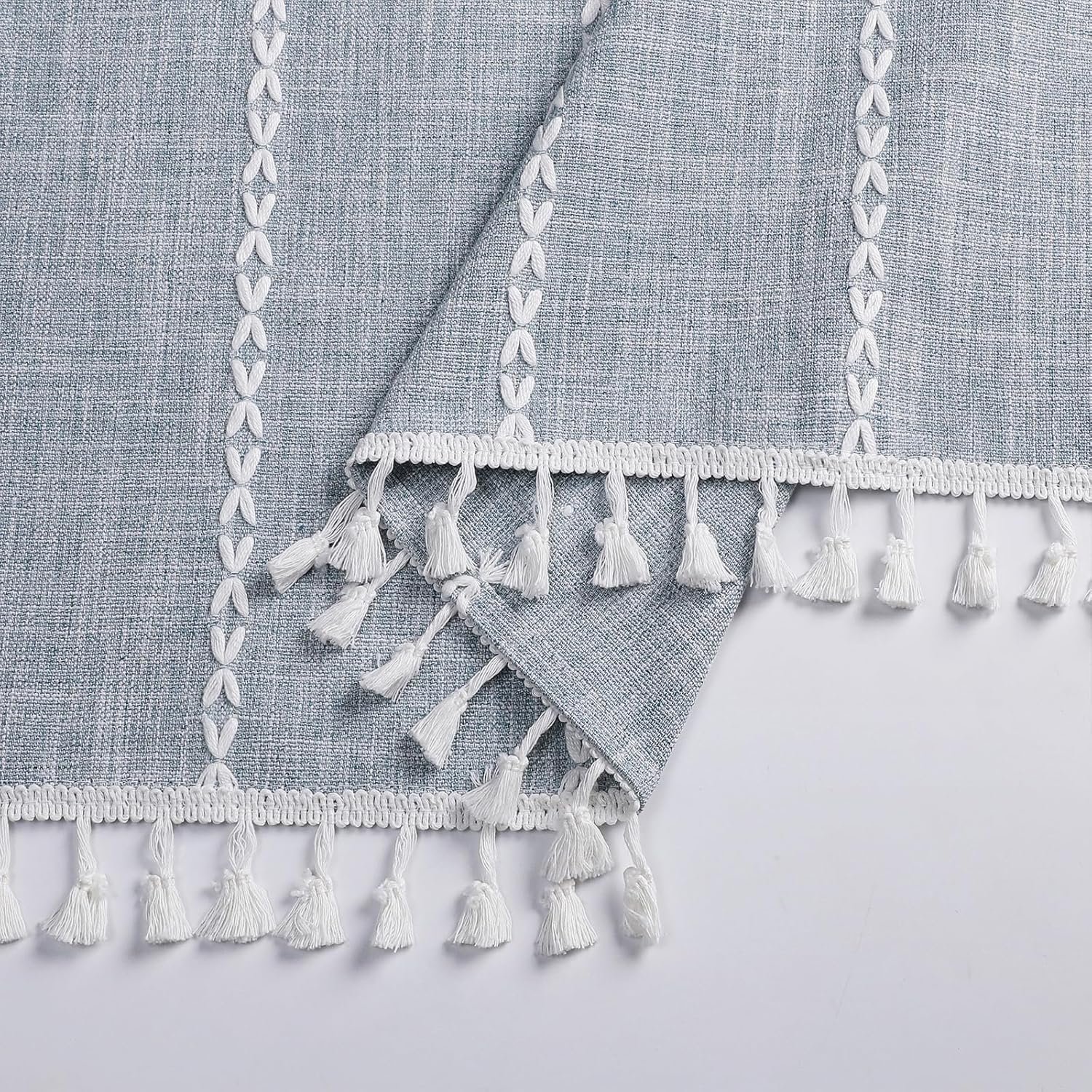 meioro Boho Farmhouse Striped Shower Curtain, 330GSM Linen Woven Fabric Shower Curtain Set with Tassel, Water Repellent Rustic Bohemian Thick Cloth Shower Curtains for Bathroom, Blue, 72x72 - Image 9