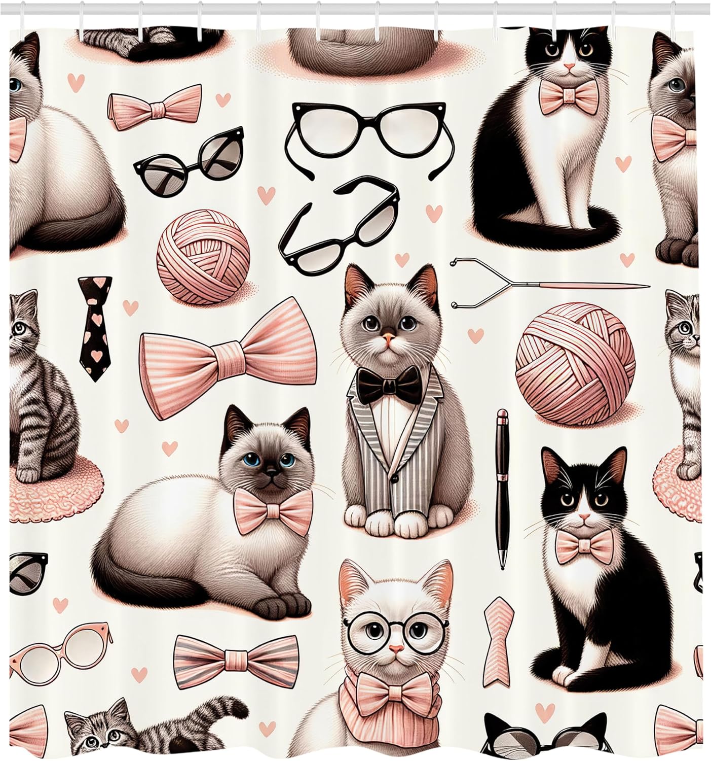 Ambesonne Cat Shower Curtain, Pattern of Funny Nerd Kitties with Glasses and Bowties Pastel Illustration, Cloth Fabric Bathroom Decor Set with Hooks, 69" W x 84" L, Pale Pink Dark Taupe