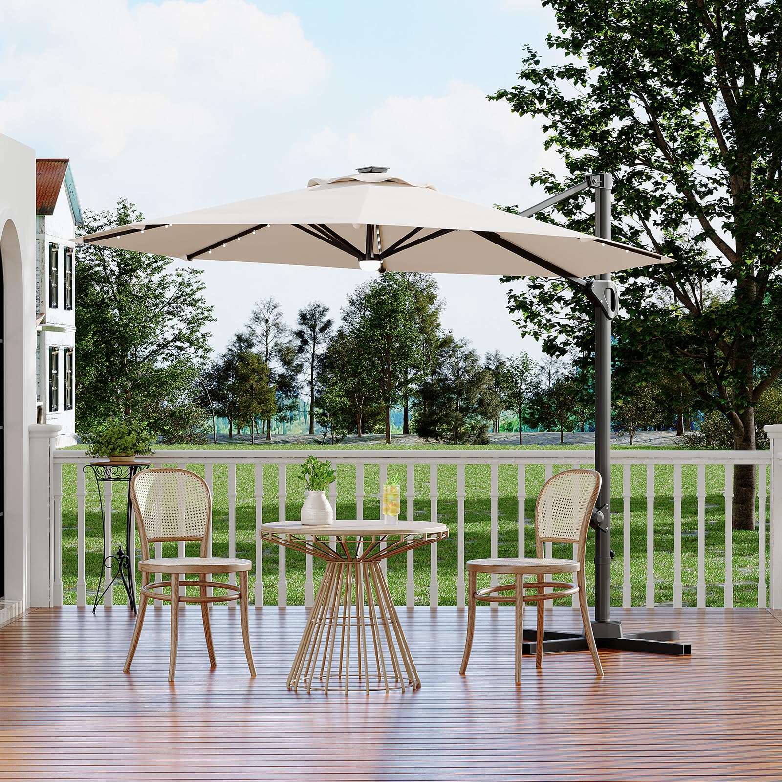 Garvee 10 ft Cantilever Patio Umbrella with Solar Lights, 360° Rotation Offset Umbrella, Easy Crank & Tilt Adjustment, UV Protection for Backyard, Poolside, Deck -Beige : Patio, Lawn & Garden