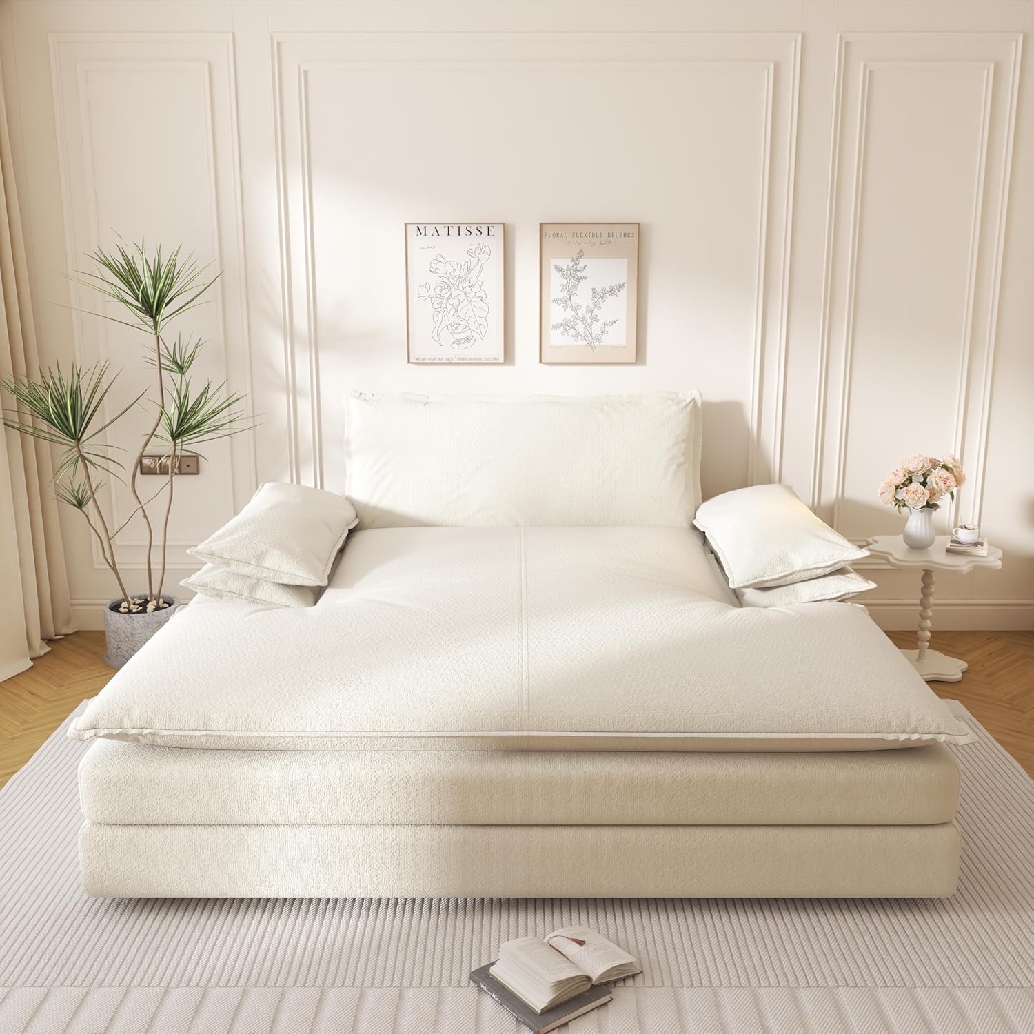 80" Modern Oversized Double Chenille Chaise Lounge, Deep Seat Reading Chair with Wide Armrests, Detachable Lazy Sofa with Large Pillows for Living Room, Beige