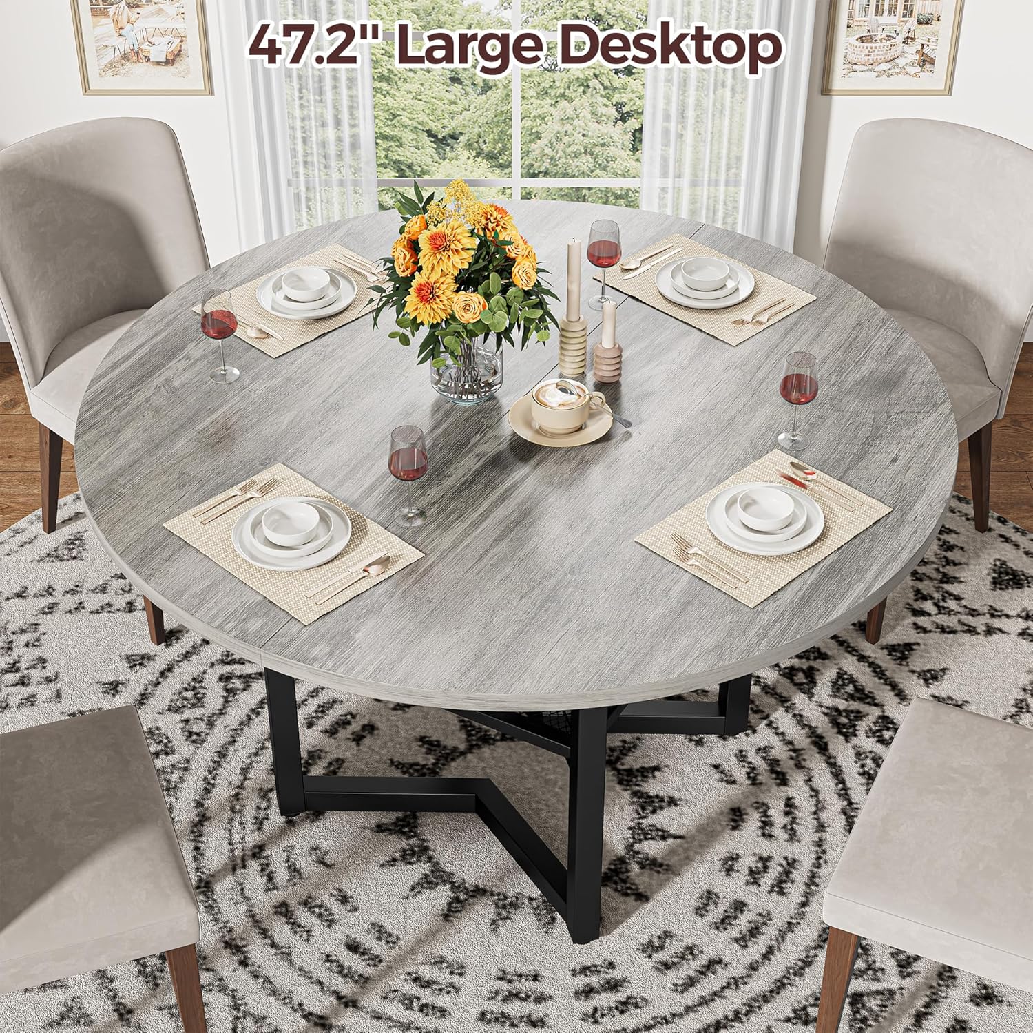 IRONCK Round Dining Table Set for 6, Dining Room Table Set with 6 Chairs, 47.2'' Dinner Table with Wooden Tabletop and Metal Base, 7-Piece Kitchen Table and Chairs, Gray