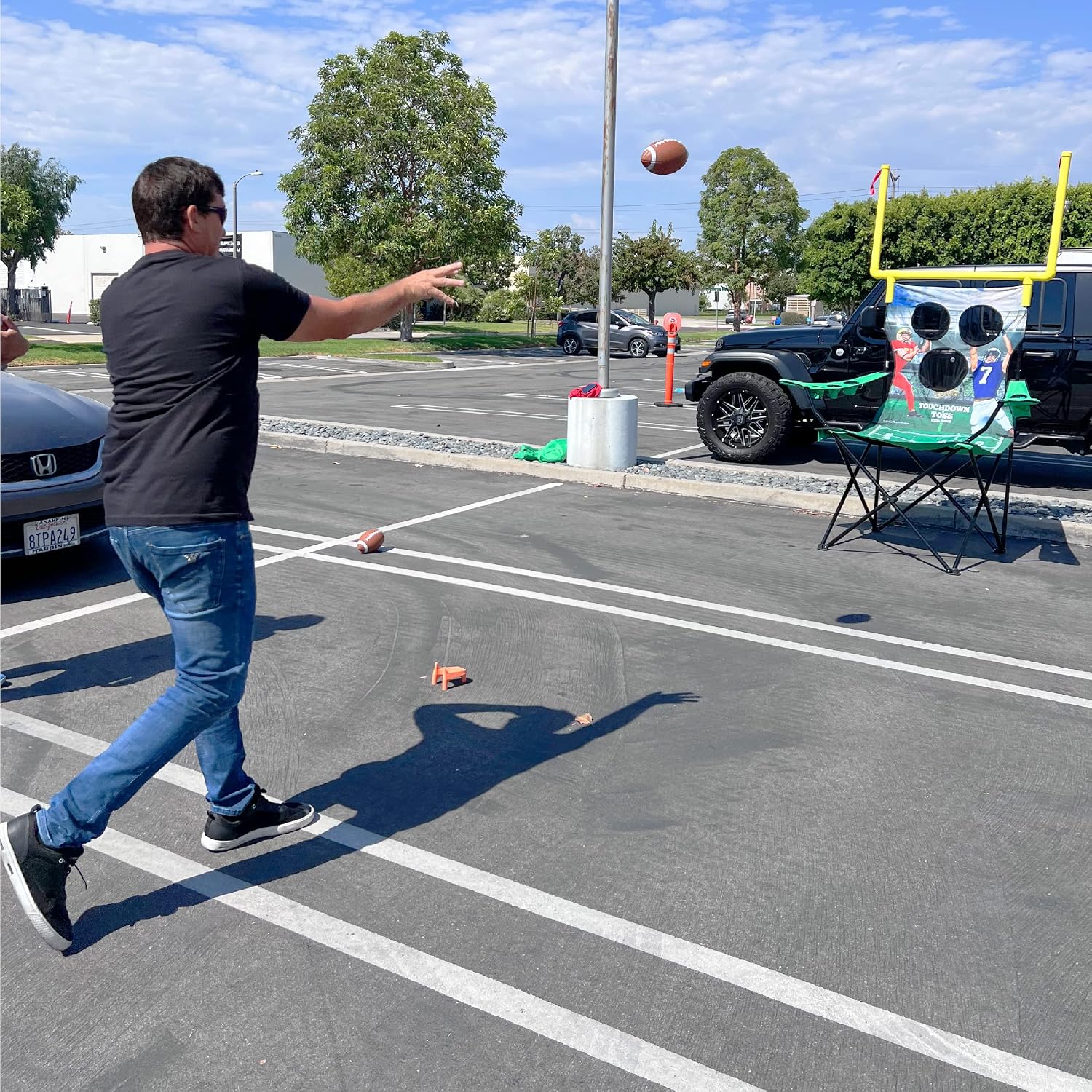 XXL Giant Football Toss Game & Tailgating Chair Combo - 8’ Tall - Outdoor Football Game for 2-4 People – Includes Footballs, Air Pump, Kicking Tee & Storage Bag – Tailgating, Backyard, Beach & Parks