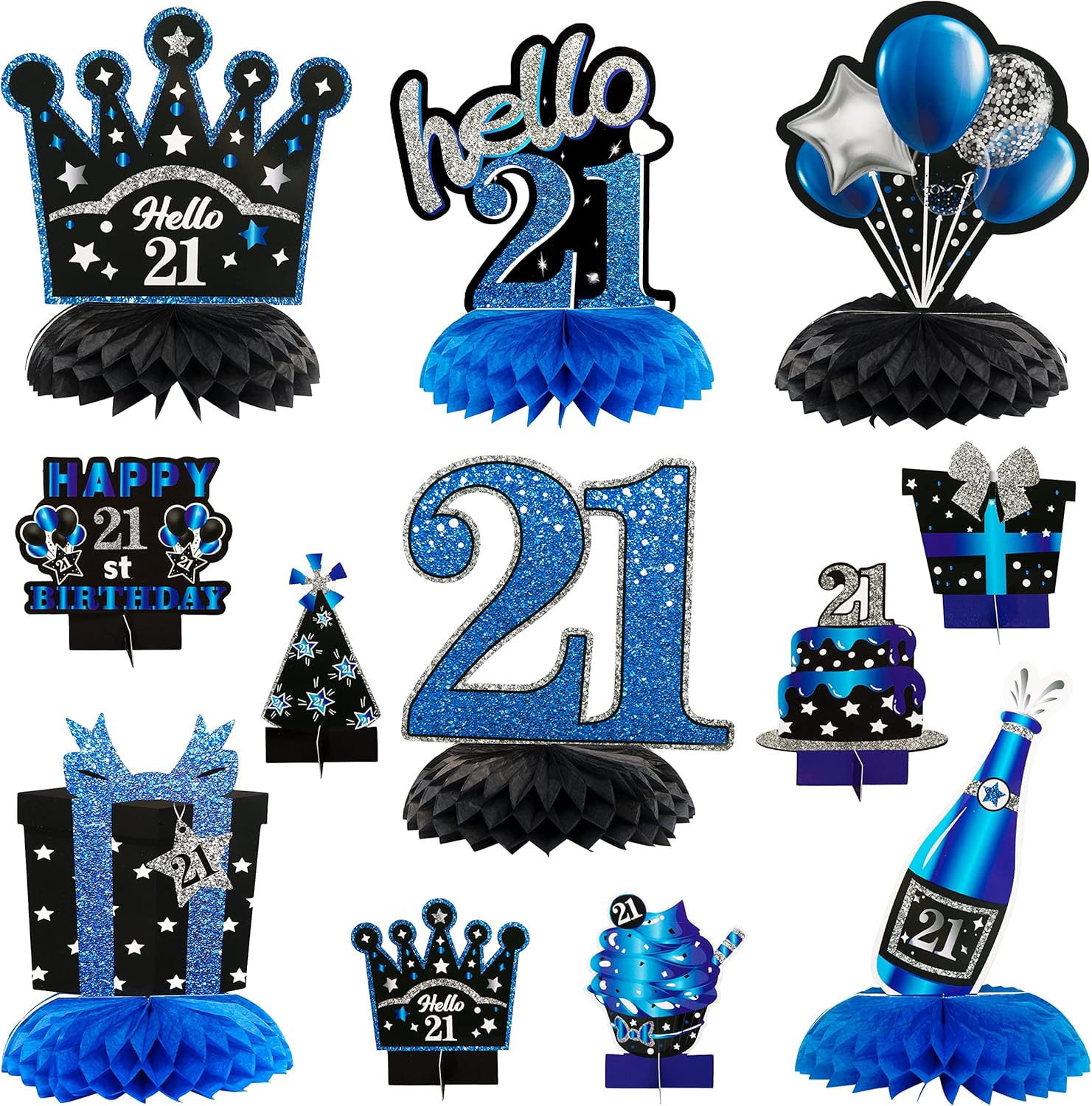 WATINC 12pcs 21st Birthday Honeycomb Centerpieces Decoration, Blue Black Silver Cheers to 21 Years Old Table Topper, Hello 21 Happy 21st Birthday Party Decorations Supplies, Birthday Sign Décor