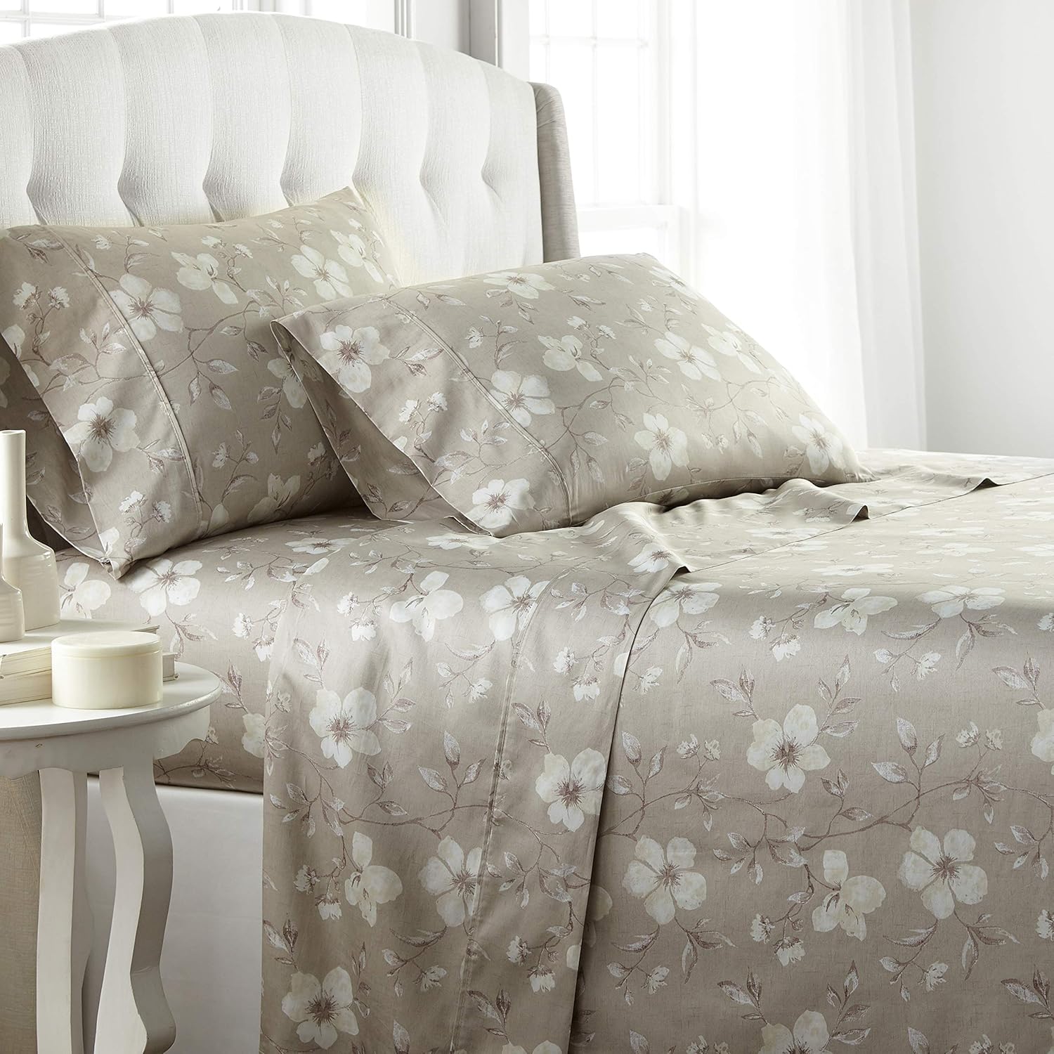 Southshore Fine Living, Inc., Mystic Garden, 100% Cotton King Size Sheets Set, 300 Thread Count Cotton Sheets King Size Deep Pocket, 22" Deep Pocket Fitted Sheet, Floral Bedding, Taupe Grey Bedding