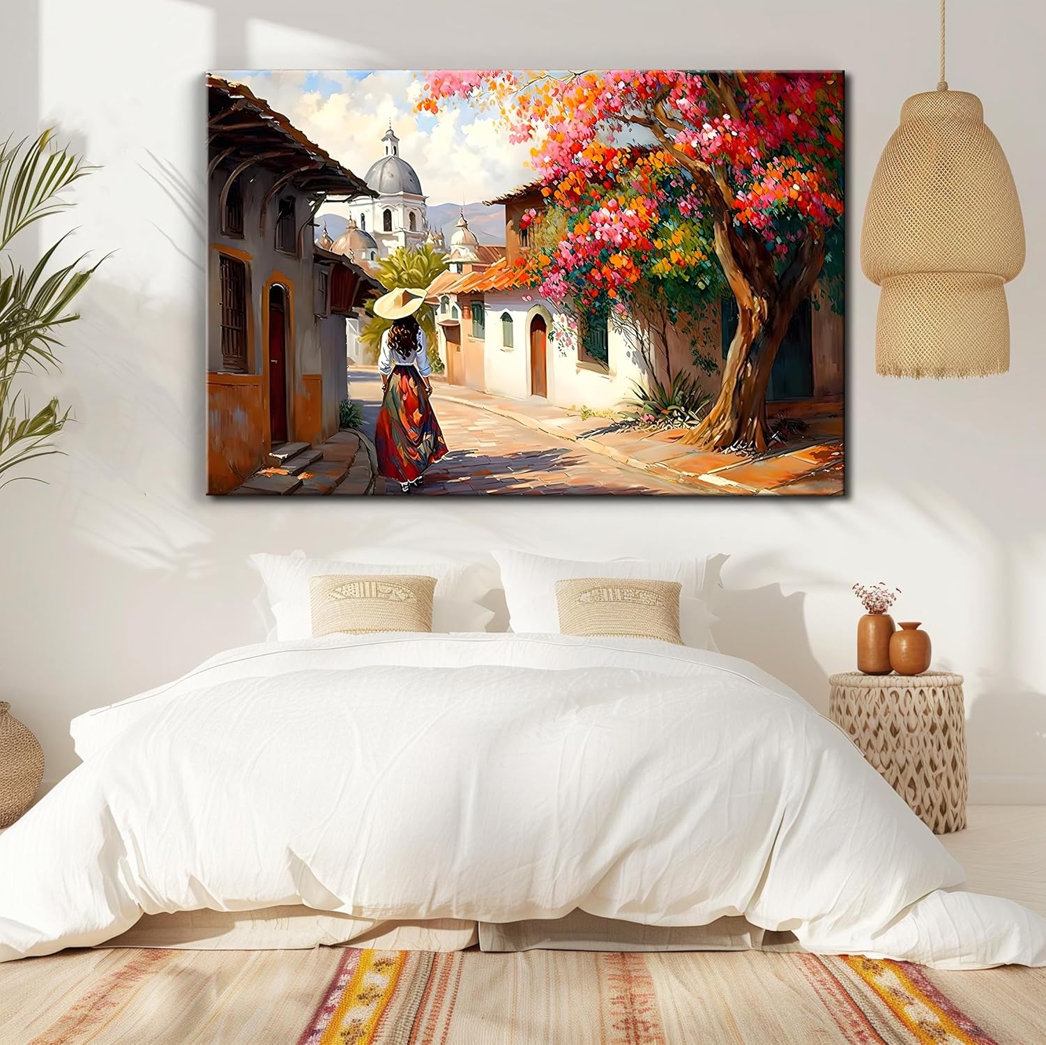 Mexican Village Street, Folk Traditional Girl, Colorful Painting Canvas Wall Art Poster Print Office Bedroom Bedroom Aesthetic Poster 24x16inch(60x40cm) Frame-style
