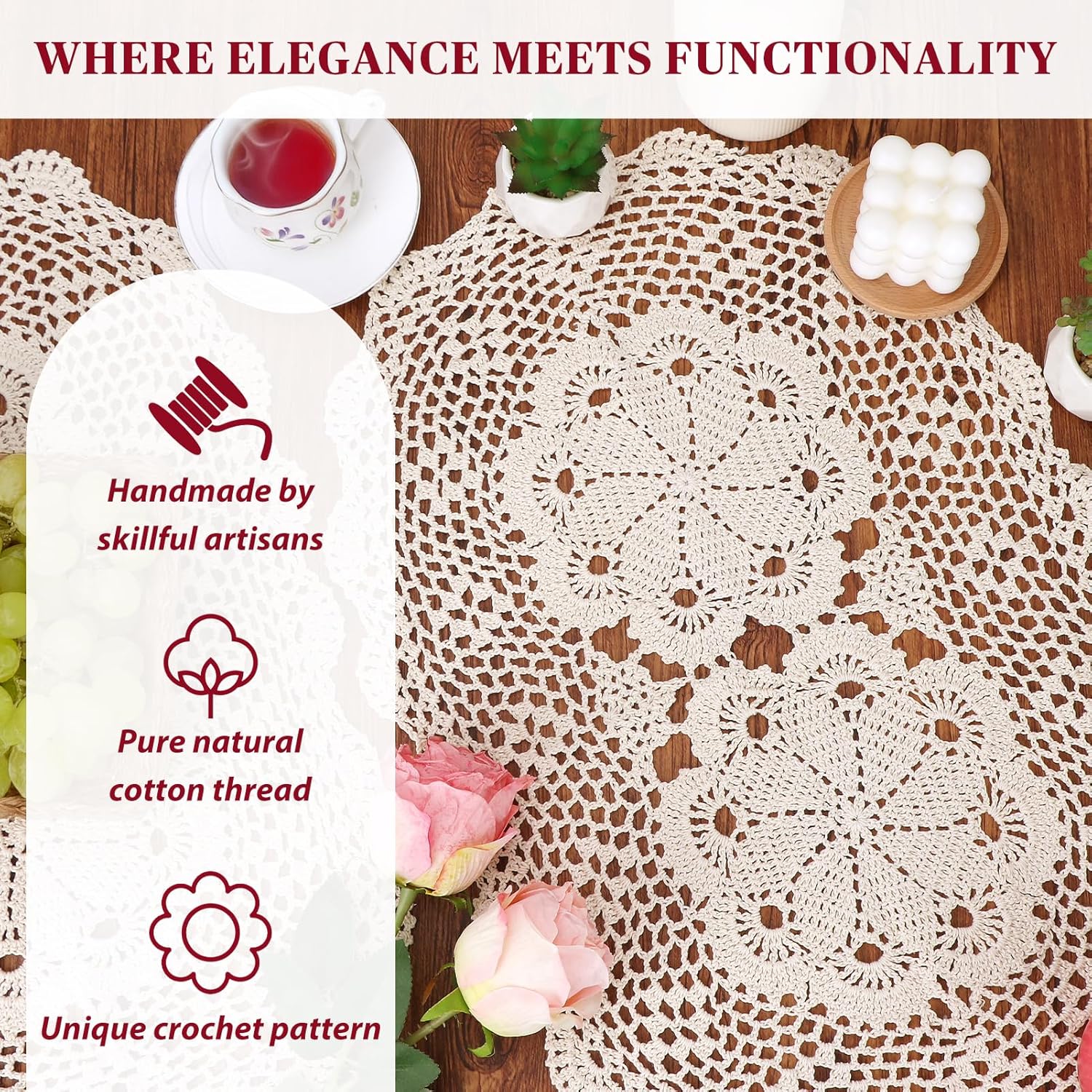 kilofly Crochet Cotton Lace Placemats Doilies 4pc, Oval, Beige, 15 x 23 inch