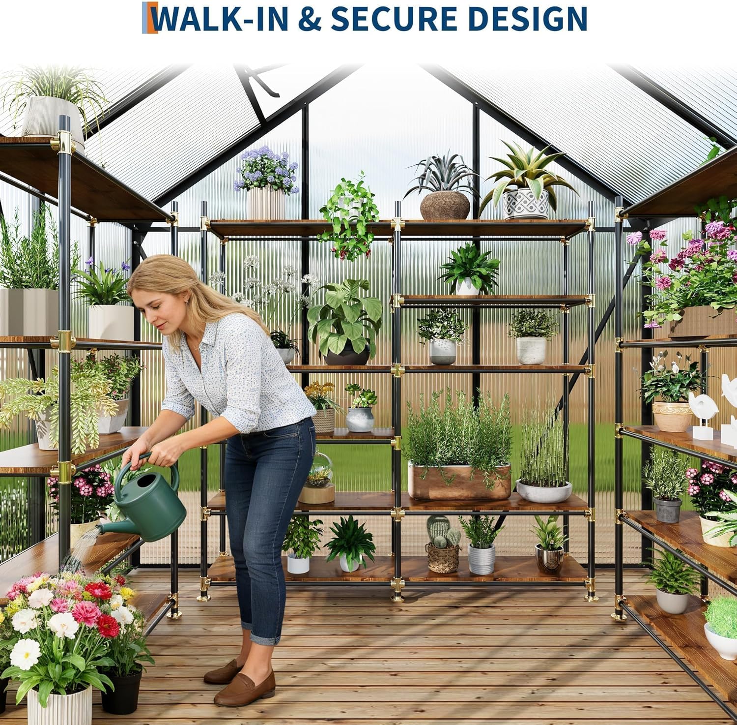 6x4 FT Polycarbonate Walk-in Greenhouse, Outdoor Garden Green House with Reinforced Aluminum Frame, Lockable Door & Adjustable Roof Vent, Easy Assembly Planting Shelter for Backyard Patio
