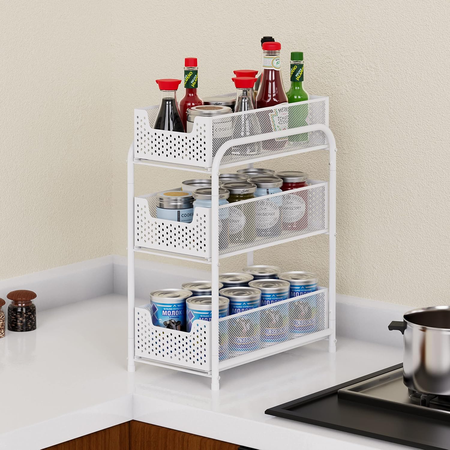 Simple Trending 3-Tier Under Sink Cabinet Organizer with Sliding Storage Drawer, White