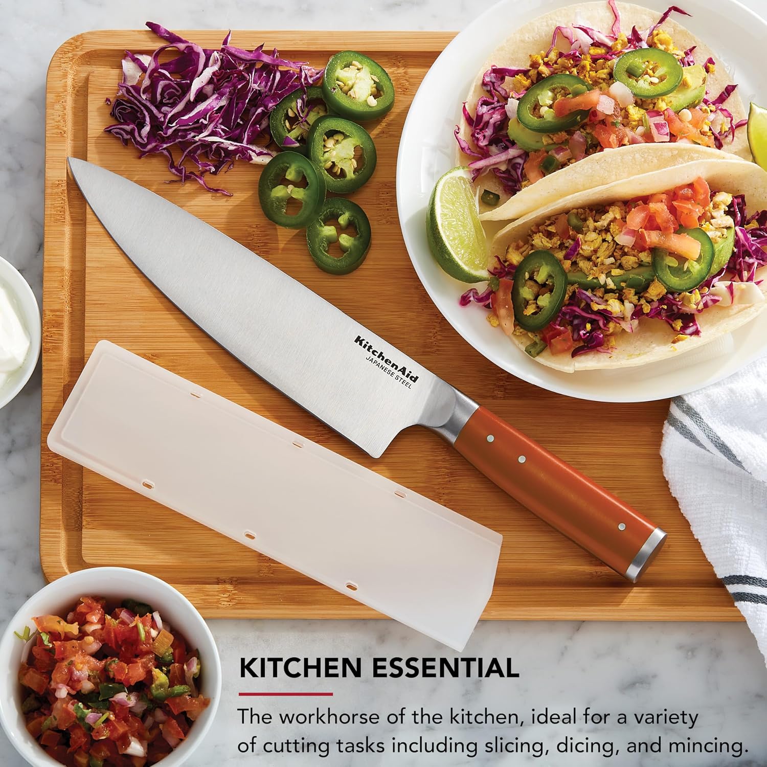 KitchenAid Gourmet Forged Chef Knife with Custom-Fit Blade Cover, Sharp Kitchen Knife, Japanese Stainless Steel Blade, 8 Inch, Orange