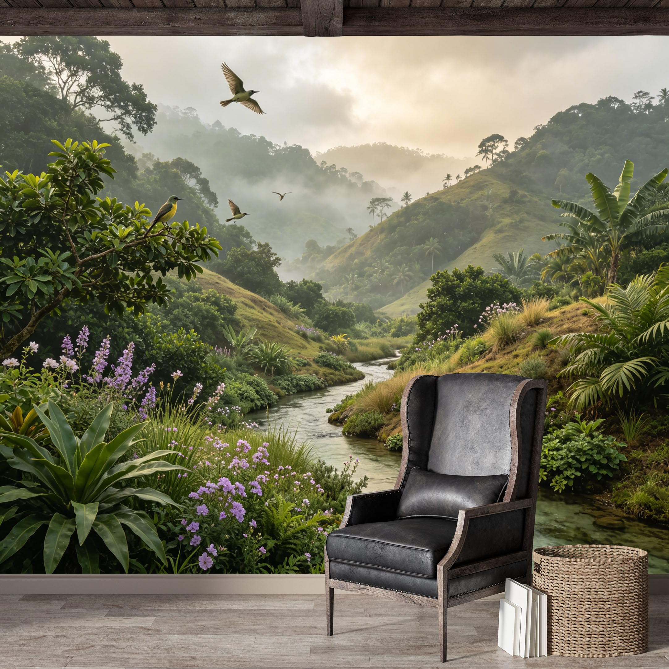 Custom Size Wall Mural,Lush Tropical River Landscape Birds Botanical Watercolor Premium Water Activated SelfAdhesive Wallpaper,Removable Wall Covering for Indoor Home Decor