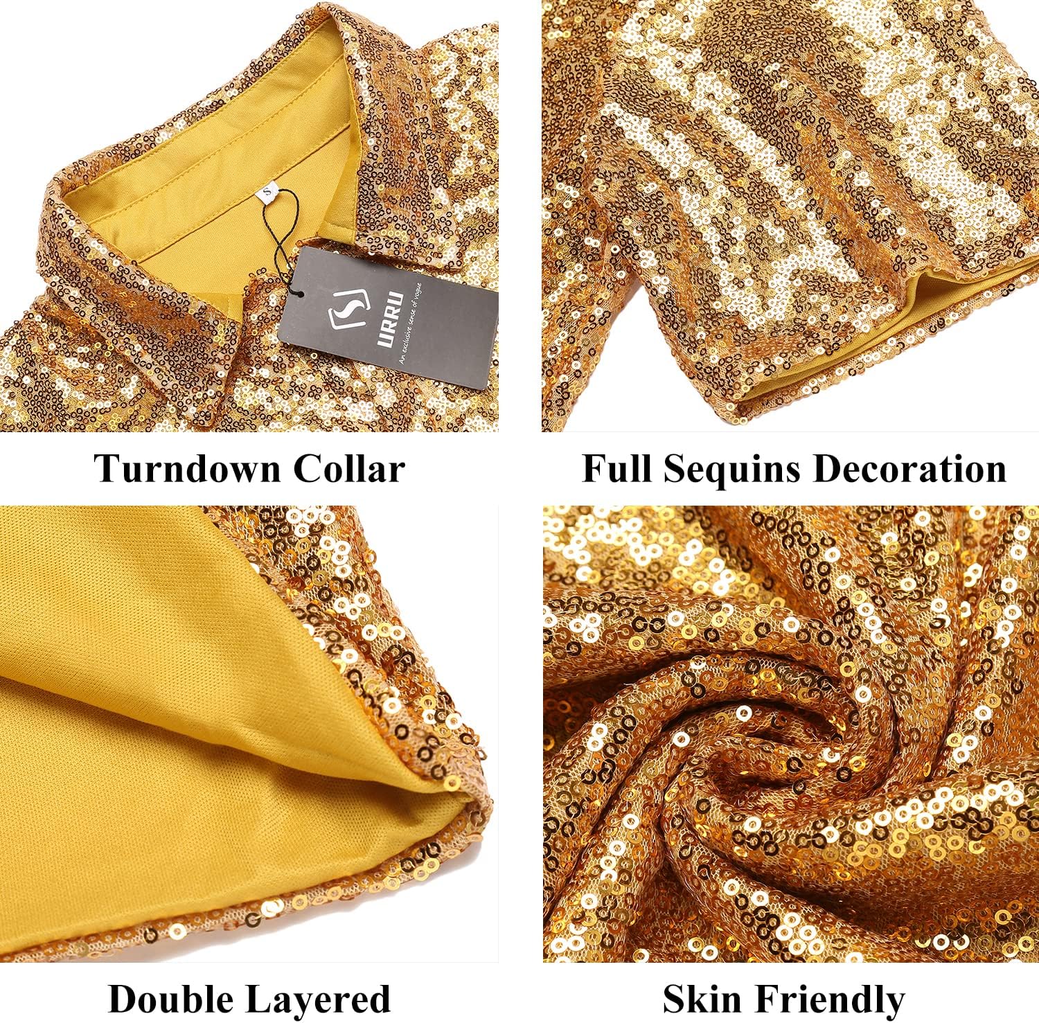 URRU Men's Relaxed Short Sleeve Turndown Sparkle Sequins Polo Shirts 70s Disco Nightclub Party Shirt Tops - Image 4