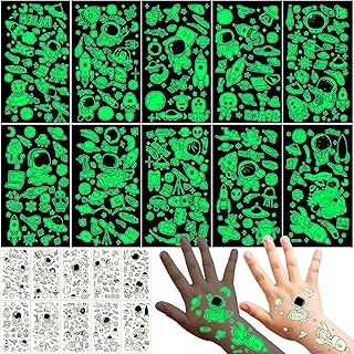 Qpout Luminous Astronaut Temporary Tattoos for Kids Glow in the Dark Temporary Tattoos 10 Fake Tattoos Boys Girls Outer Space Tattoo Stickers Party Favors Birthday Party Fillers