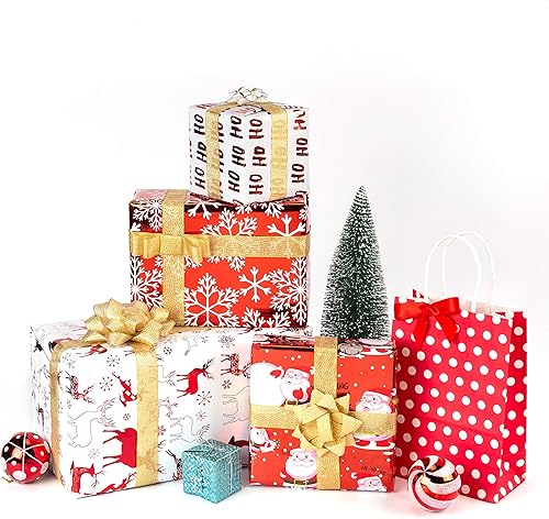 Miniatura 3 de RUSPEPA - Papel para envolver regalos de Navidad, papel rojo y blanco con hoja metálica brillante, colección de elementos navideños, 4 rollos de 30