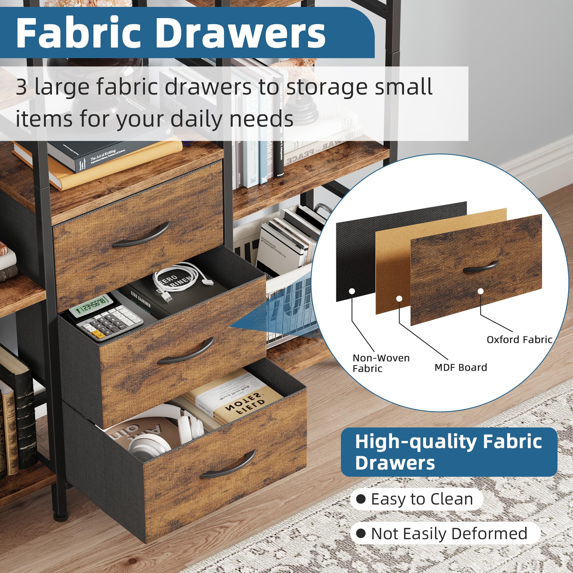 Libreria Estanteria de Alto 120W x142Hcm con 3 Cajones de Tela, Estanteria Libros de 4 Niveles, Estantería Grande de 120 cm de Ancho para Sala de Estar Dormitorio Estudiar Marrón Rústico
