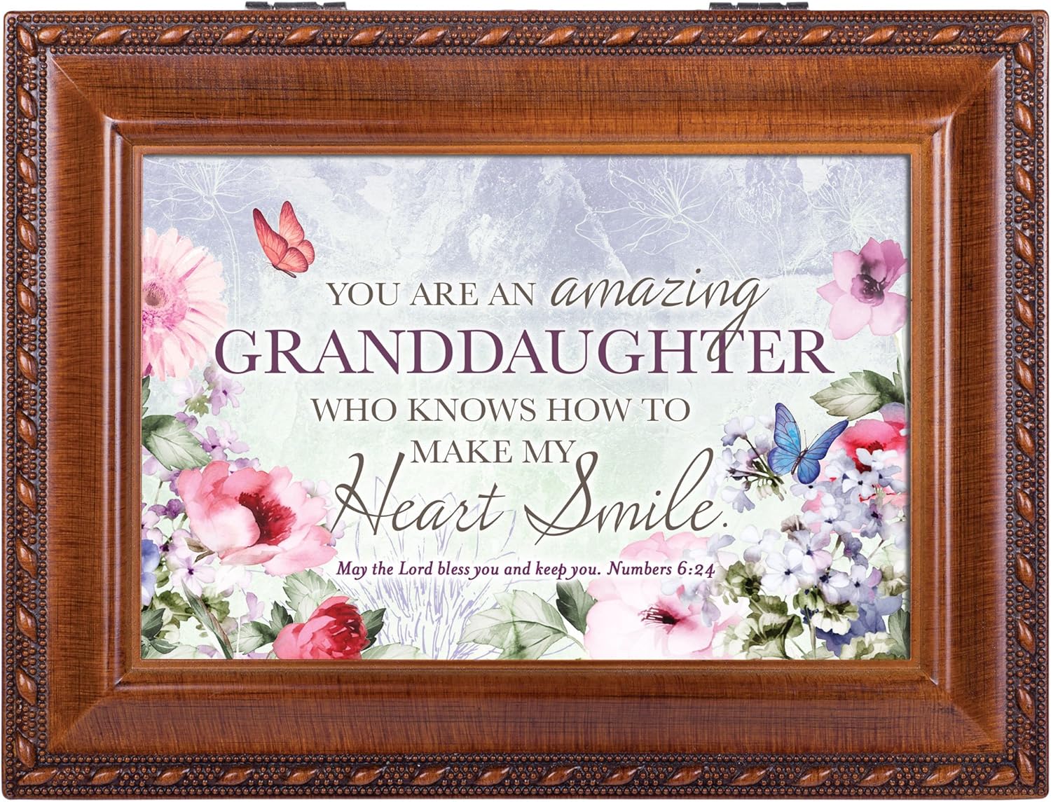 Cottage Garden Granddaughter My Heart Smile Woodgrain Rope Trim Music Box Plays Amazing Grace