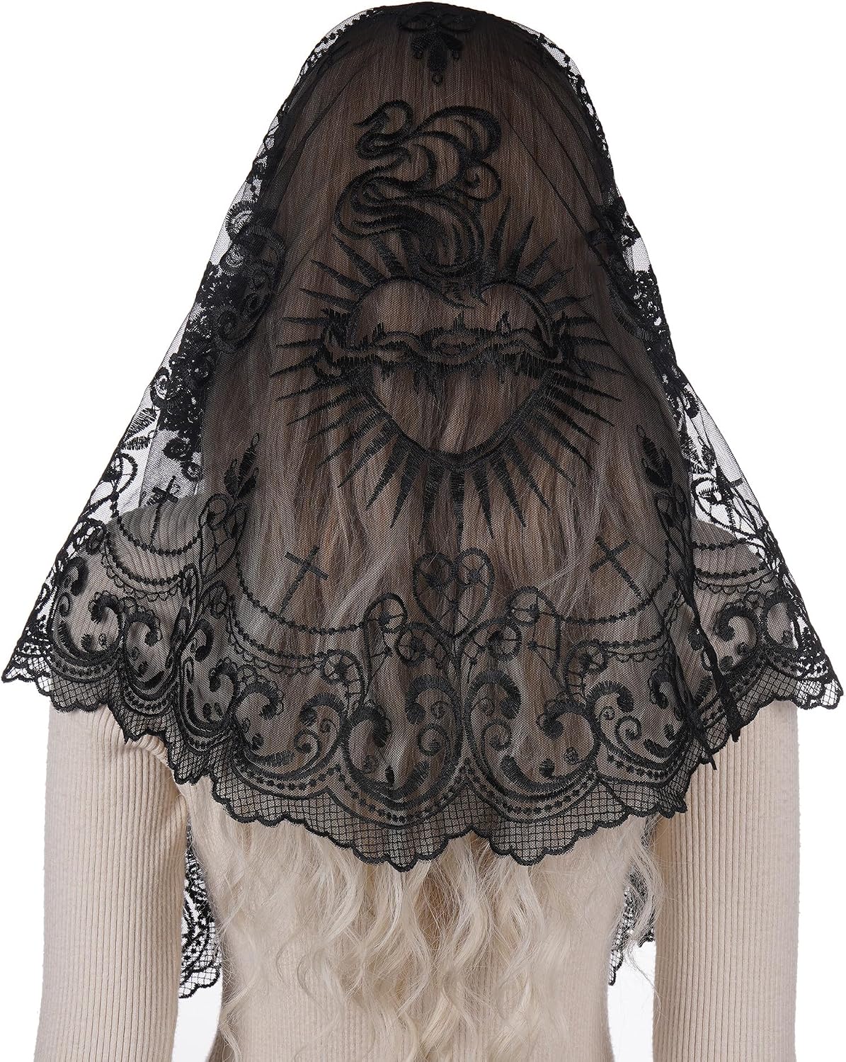 Bozidol Catholic Lace Mantilla Veil for Women, Virgin Mary Triangle Chapel Head Covering for Church Prayer