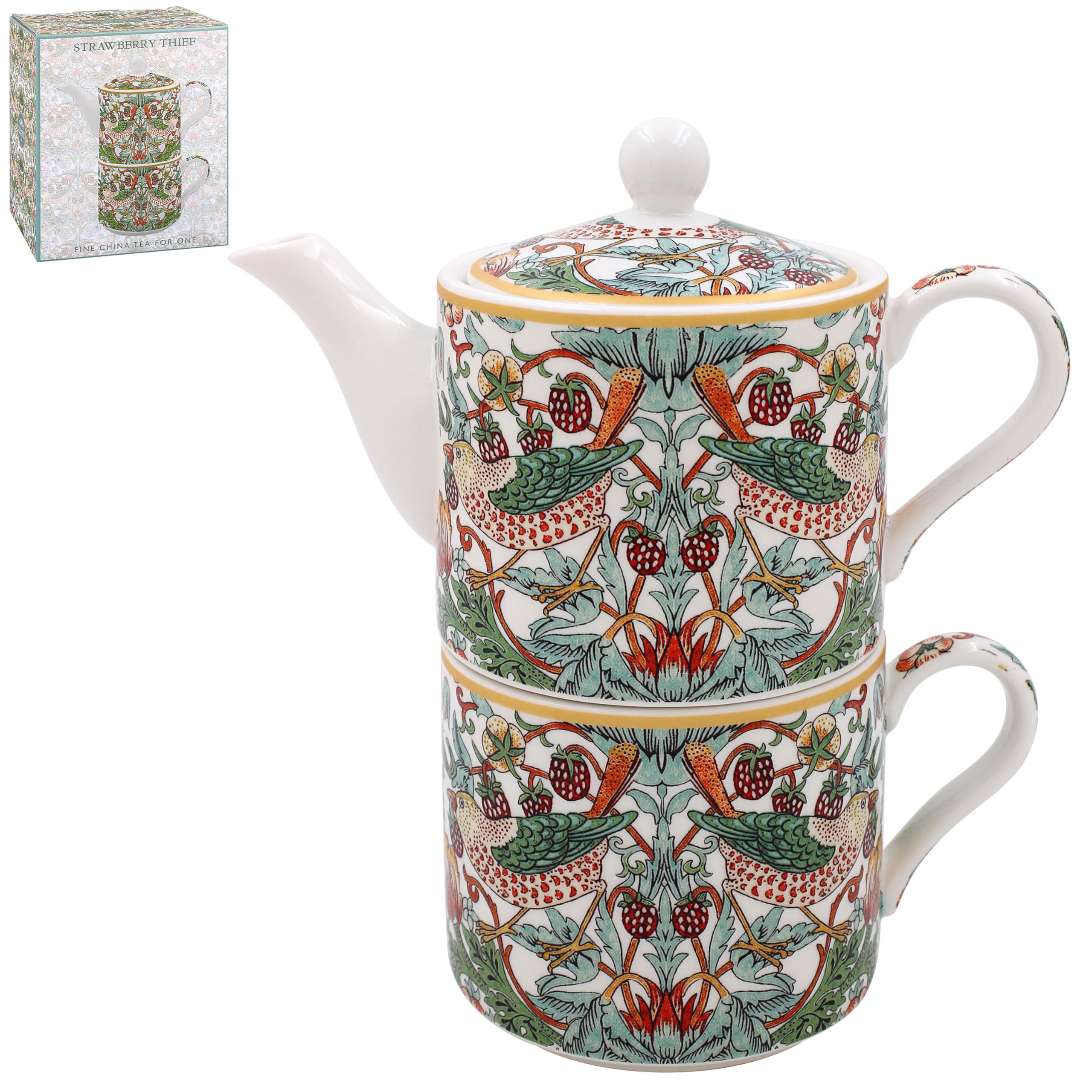 Lesser & Pavey William Morris White Strawberry Thief Tea for One Set - Lovely Floral Fruit Design Ceramic Tea Pot & Mug Set Gift Idea