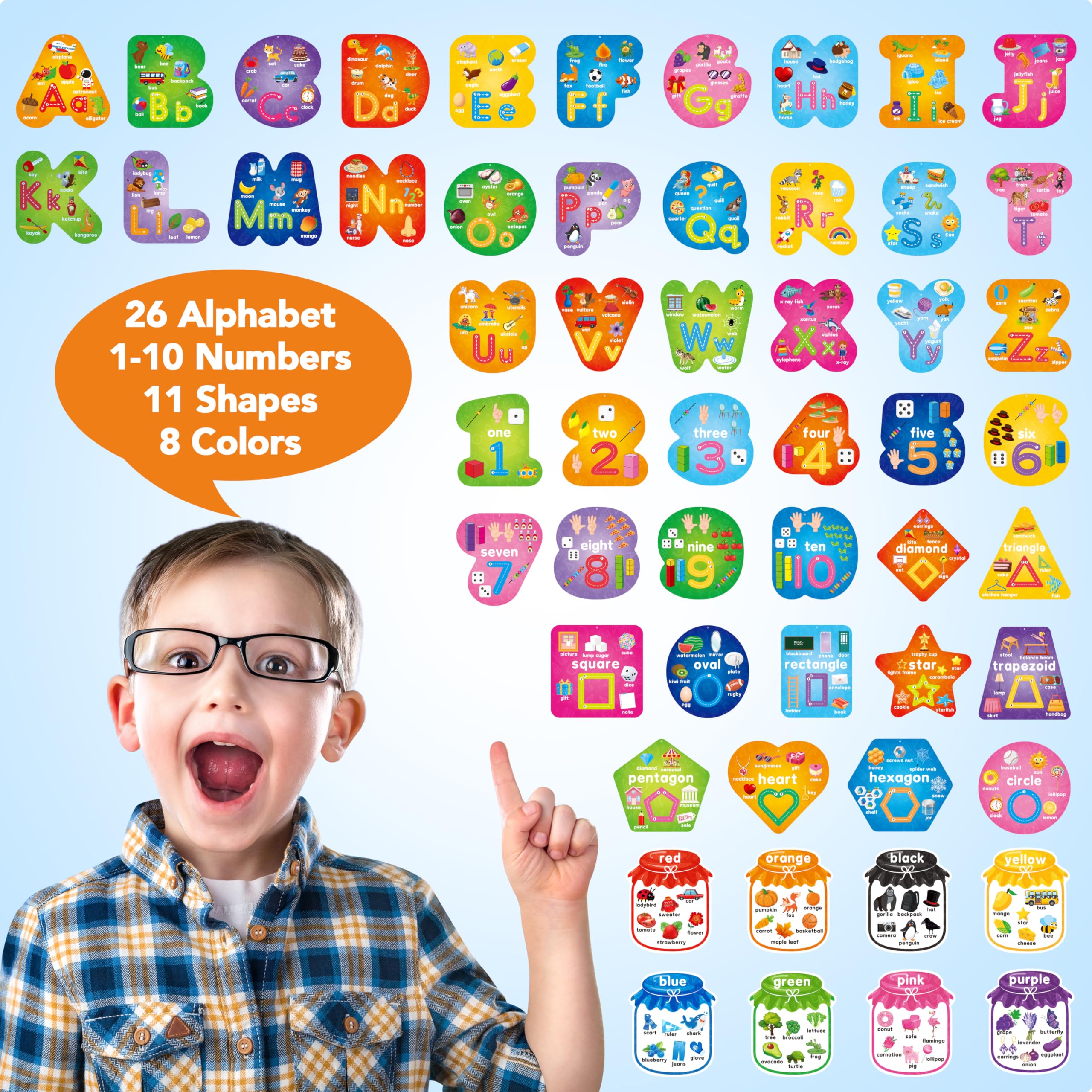 D-FantiX 55 Pcs Dry Erase Number & Alphabet Flash Cards for Toddlers, Double Sided Write and Wipe Educational Preschool Flashcards, Number Colors Shapes Letters Tracing Handwriting Practice for Kids