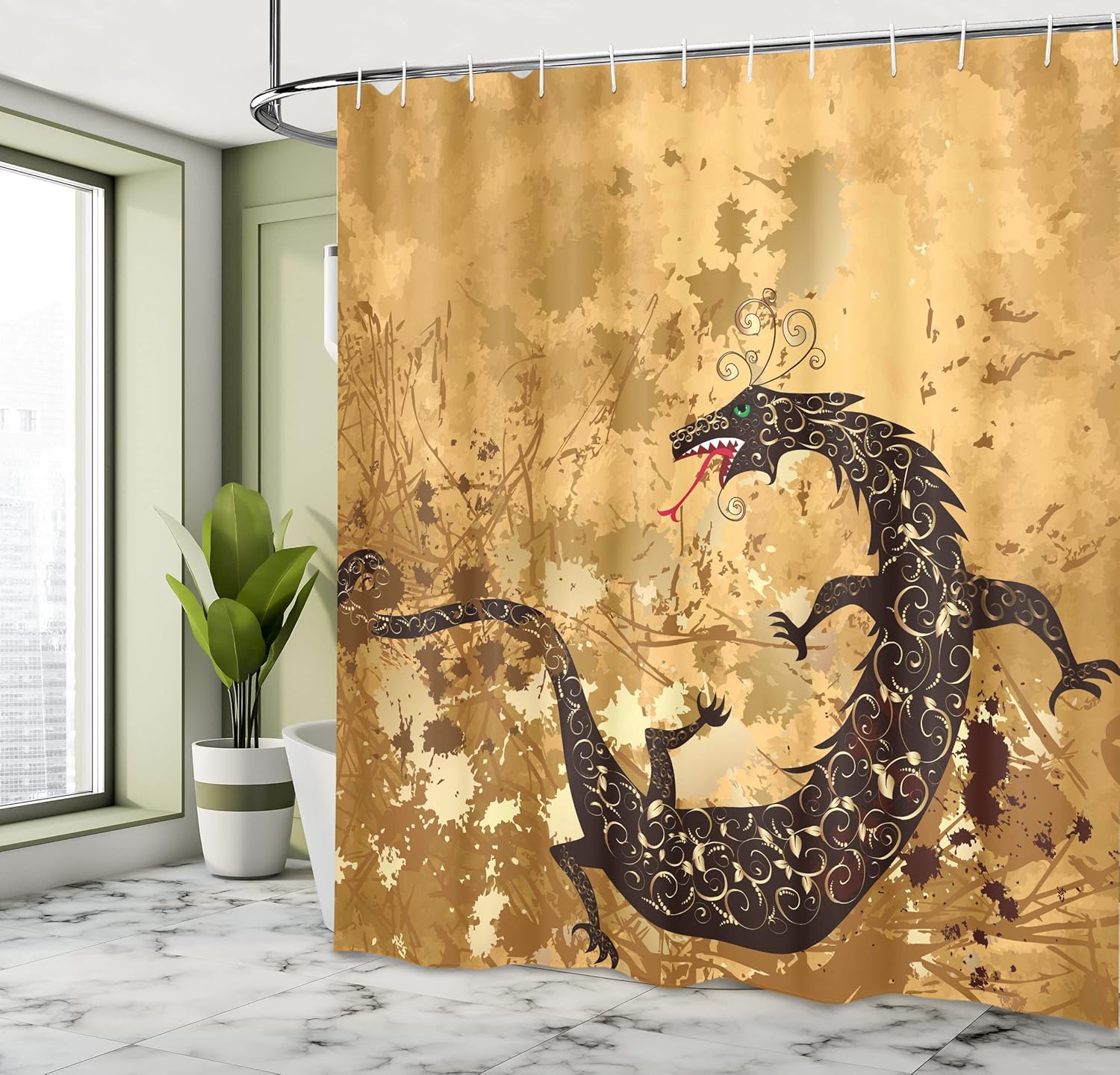 Ambesonne Dragon Shower Curtain, Reptile Dragon Grunge Floral Ornate Retro Image, Cloth Fabric Bathroom Decor Set with Hooks, 69" W x 70" L, Pale Caramel Sand Brown