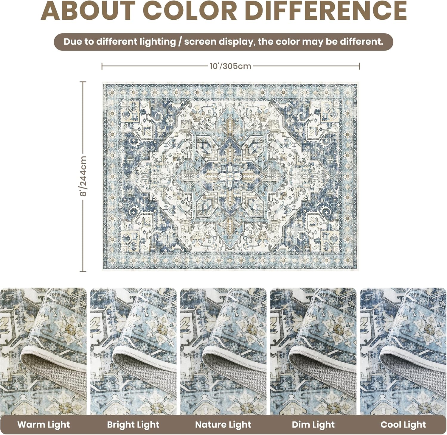 zesthome 8x10 area rugs-washable rug for living room, non-slip backing rugs, stain resistant 8x10 rug for bedroom, ultra-thin low pile rugs, vintage large home decor blue/ivory 8' x 10' (rectangular)