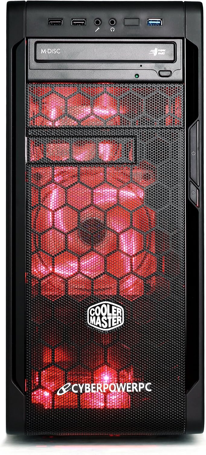 Spredaj view of the CyberpowerPC Gamer Ultra GUA950A Desktop, showcasing the optical drive, front USB ports, audio jacks, and illuminated front panel.