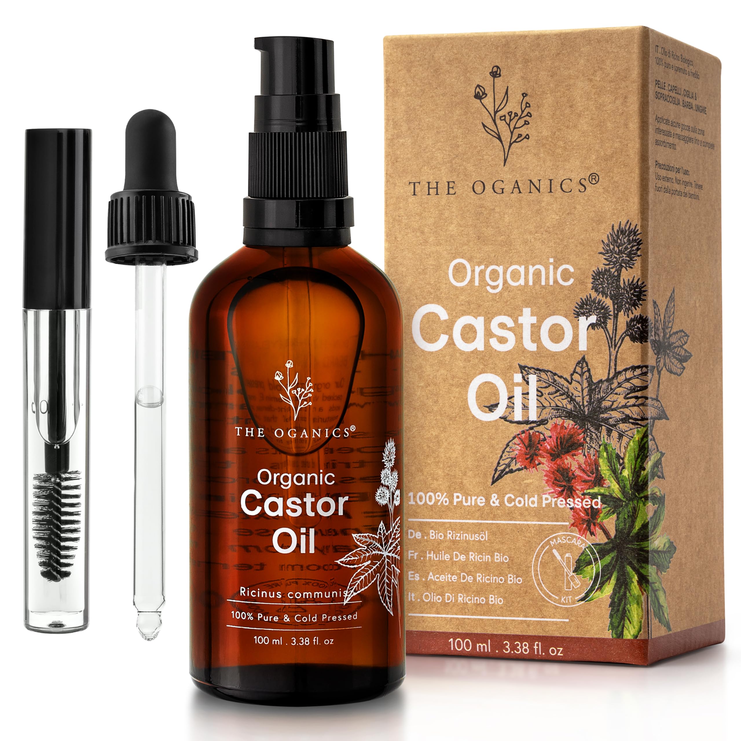 Huile de Ricin Bio 100ml - 100% Pure, Naturelle et Pressée à Froid - Cils, Sourcils, Corps, Cheveux, Barbe, Ongles - Vegan, Cruelty Free - Castor Oil - Bouteille en Verre +Pipette + Pompe
