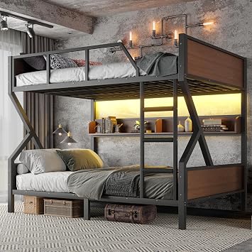 Queen over Queen Bunk Bed with Storage Shelves, Metal Bunk Beds with Ladders and LED Lights, Heavy-duty Bunkbed for Bedrooms, Guest Rooms and Dorms, No Box Spring Needed and Noise-free Design, Black