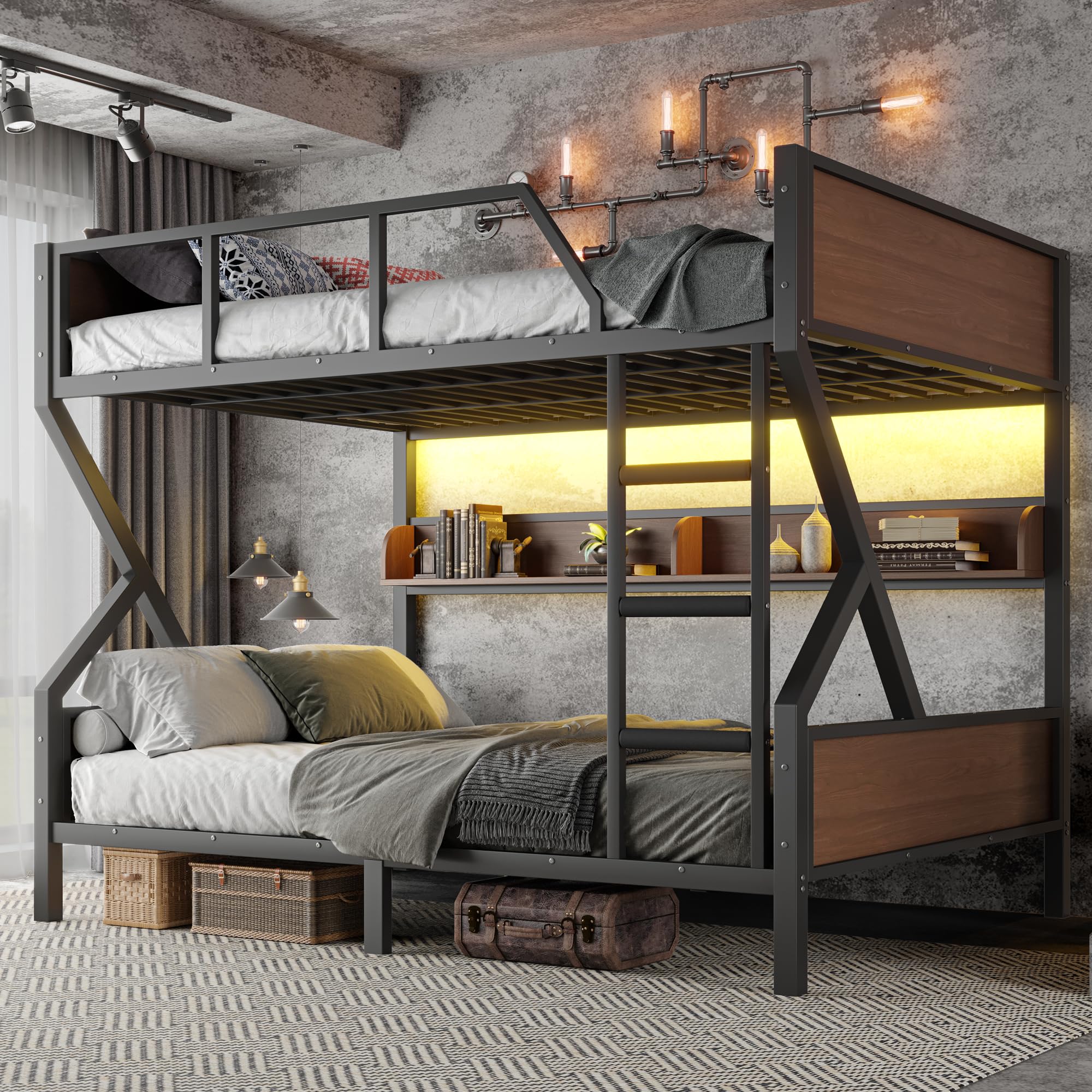 SmarvoHouse Queen Over Queen Bunk Bed with Storage Shelves