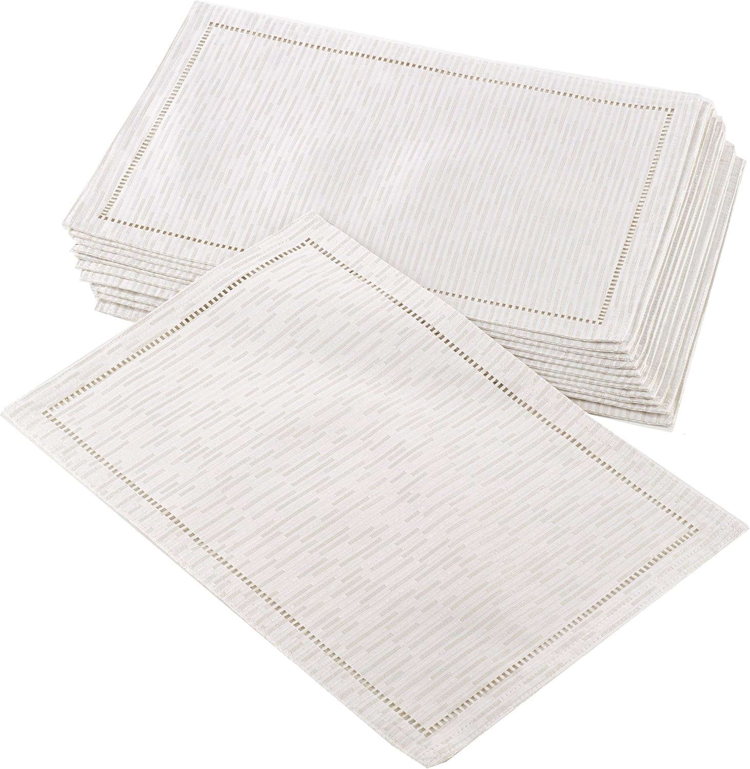 Ivory White Hemstitched Design Holiday Special Occasion Dinner Placemat, 13" X 19" Rectangular, 100% Polyester, (12 Piece).